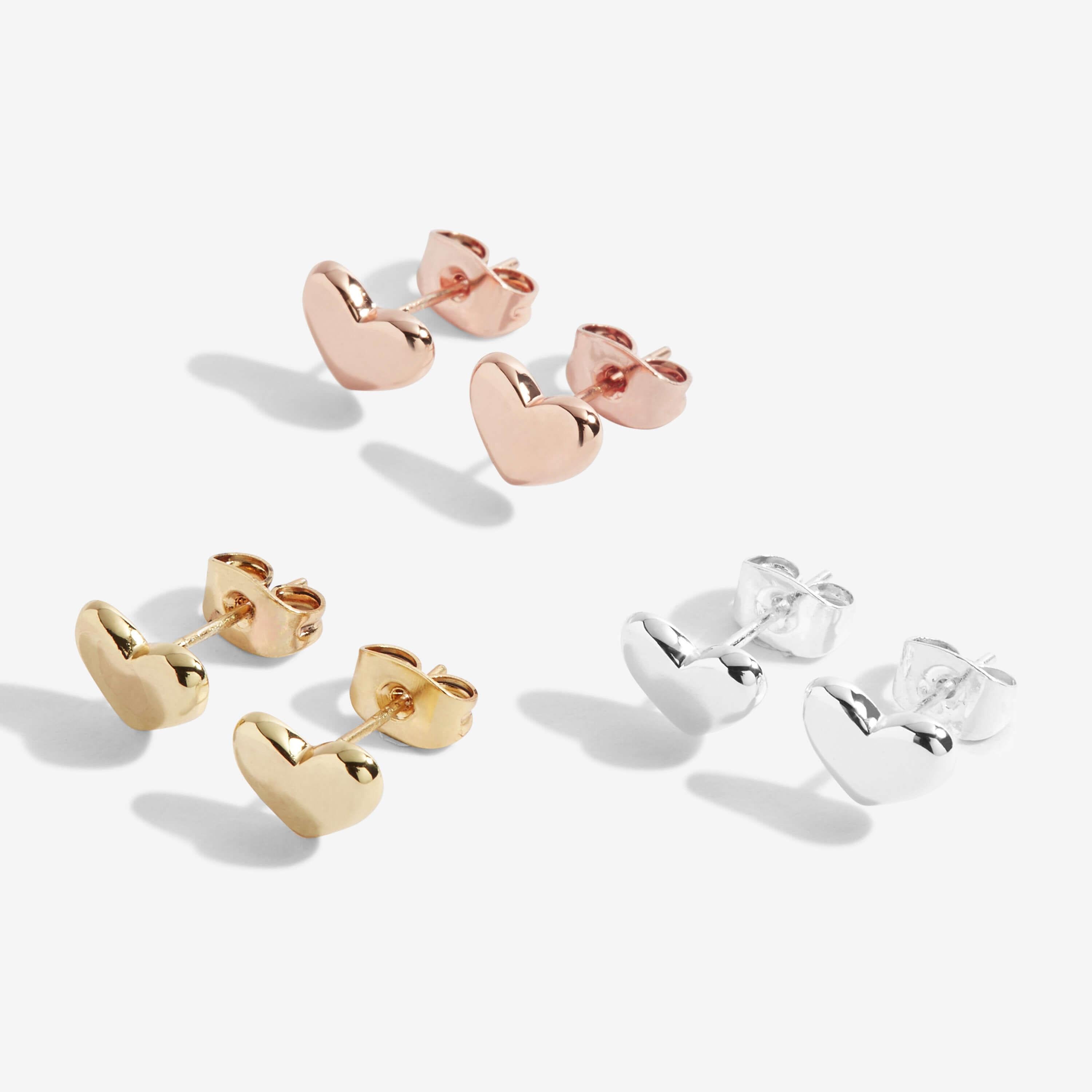 Florence | Heart Studs | Silver Rose Gold And Gold | Set Of 3 Earrings