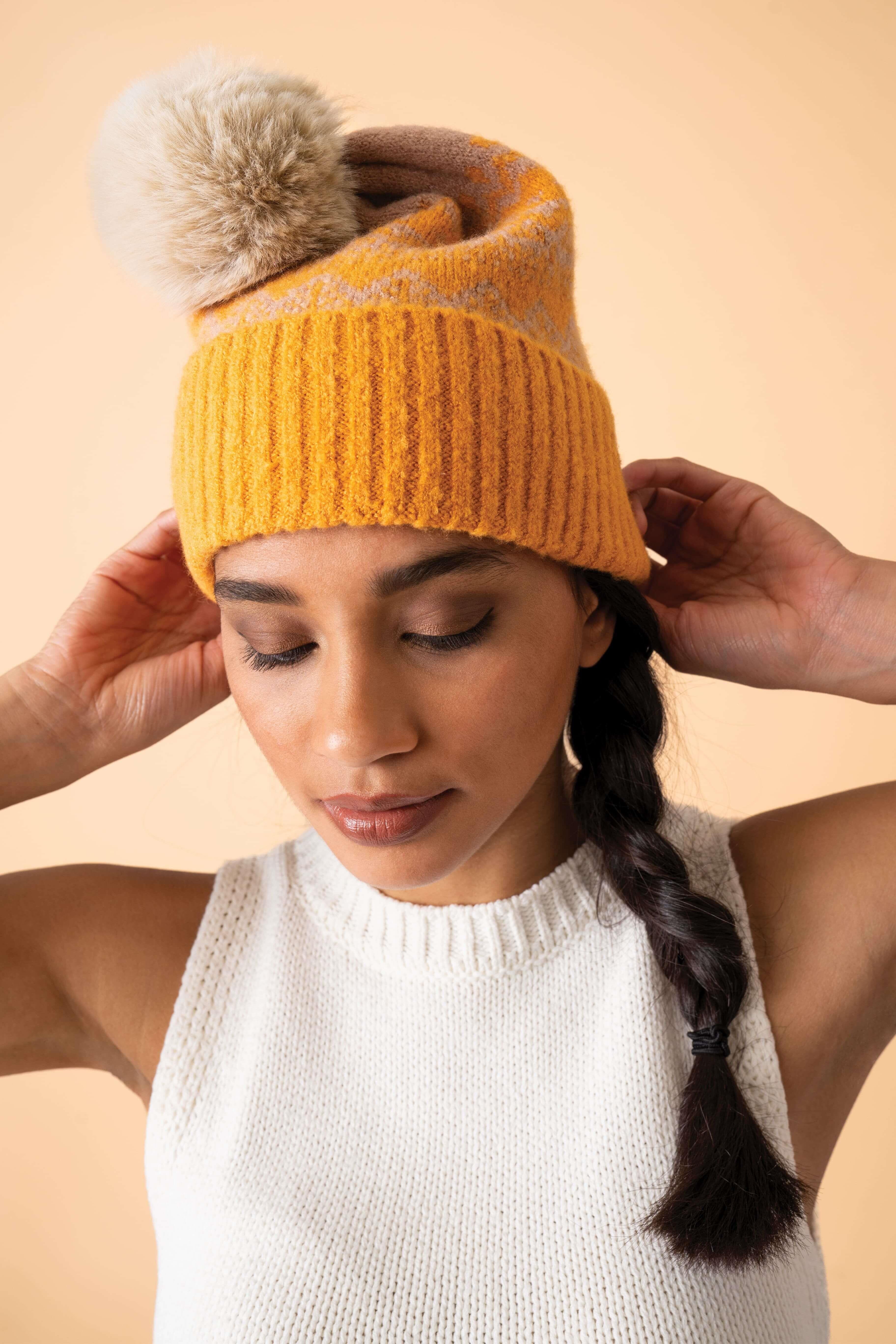 Thora Bobble Hat - Mustard/ Taupe