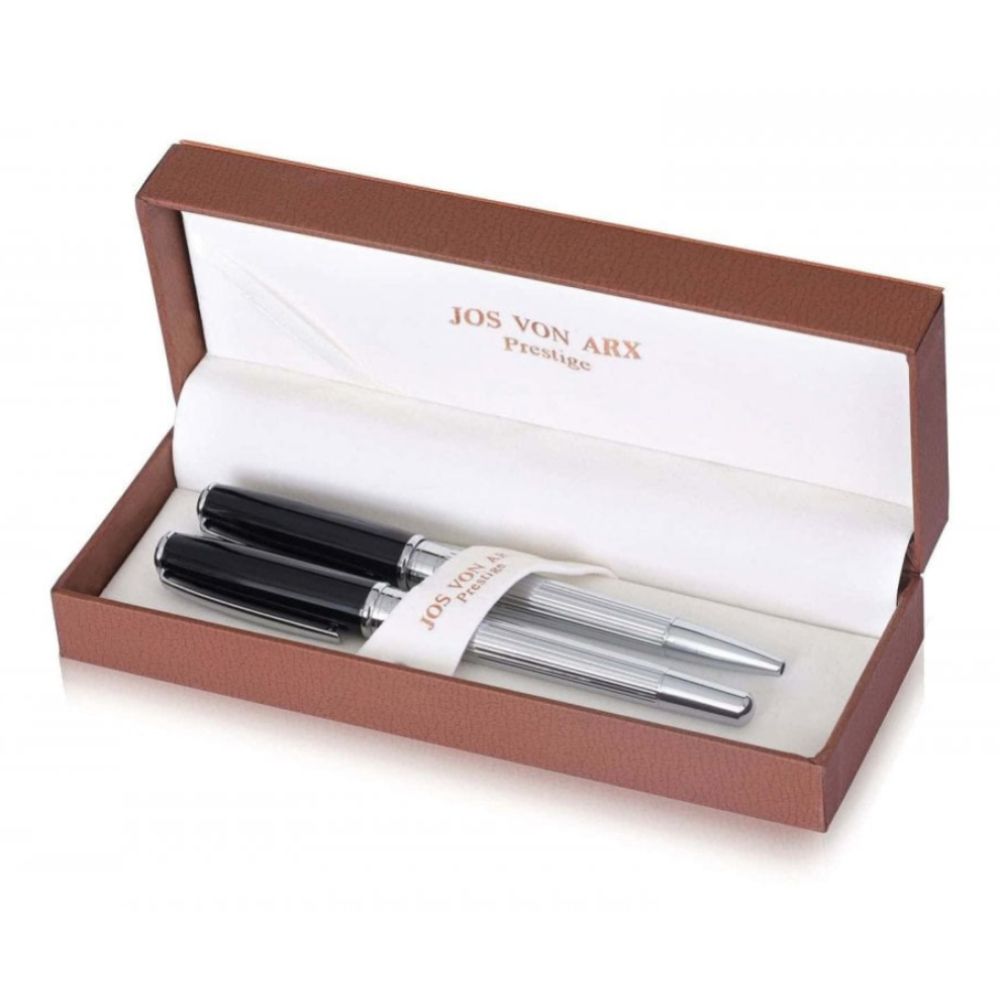 Set of Stripe Pattern Roller Ball & Ball Point Pen With Silver Base & Gloss Black Lid