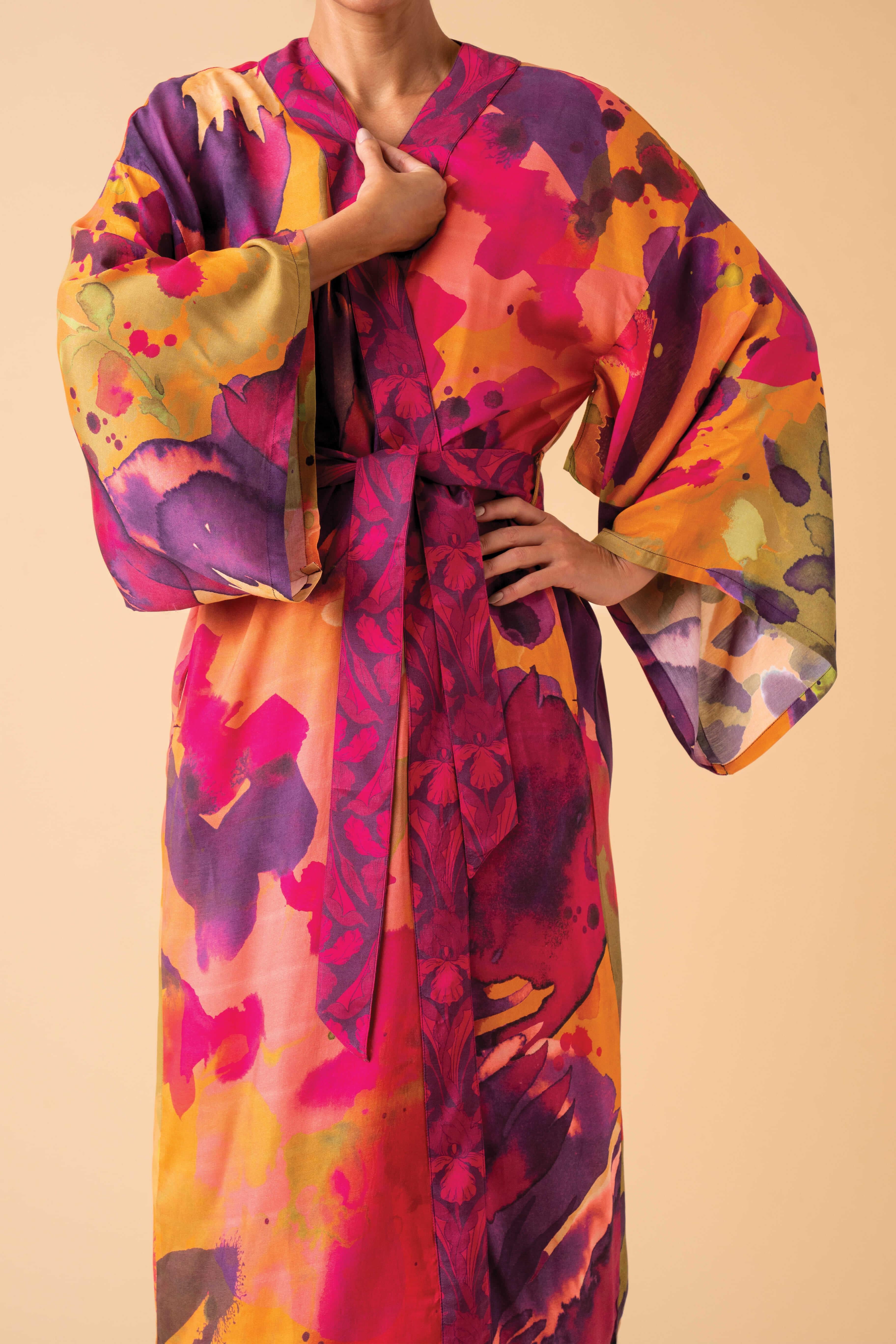 Oversized Blooms Kimono Gown - Mustard