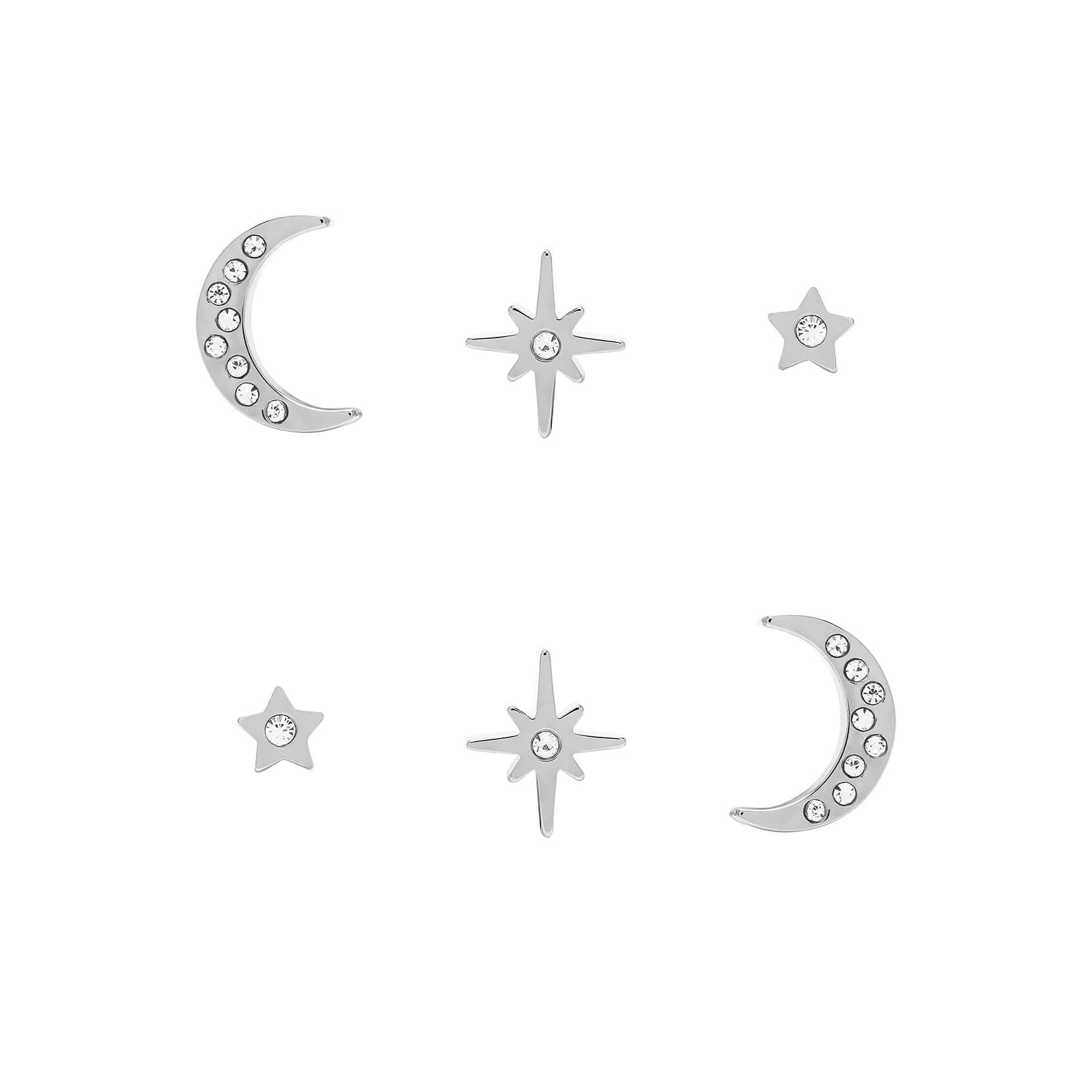 Celestial North Star & Moon Silver Stud Earrings Set