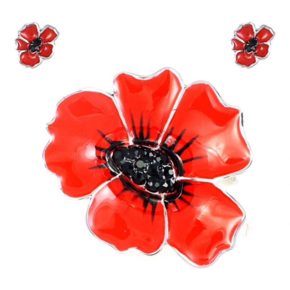 Large Wild Poppy Brooch & Stud Earrings Set