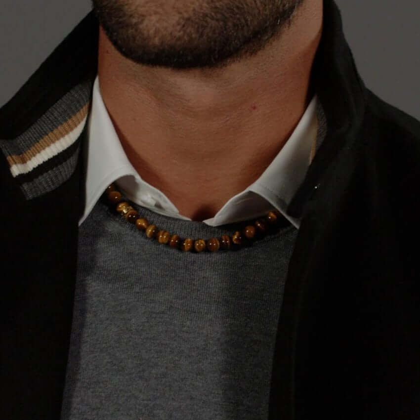 Sphere Stones Tiger's Eye Beads Gold Plated Gents Necklace