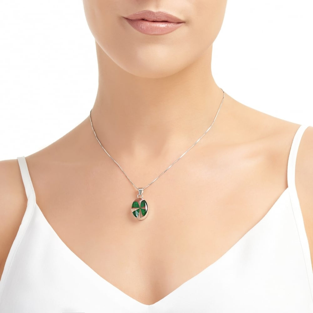 Silver Pendant - Four Leaf Clover - Oval