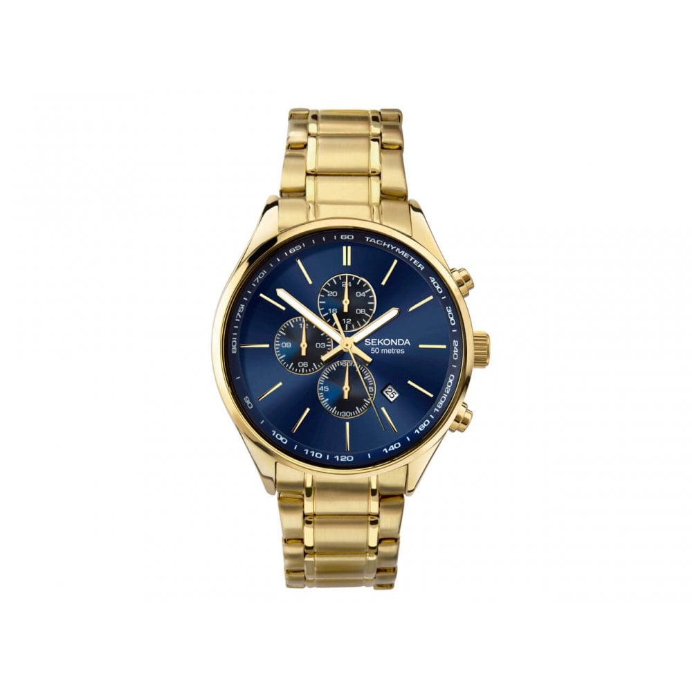 Blue Dual Time Dial With Gold Plated Bracelet Strap Gents Watch
