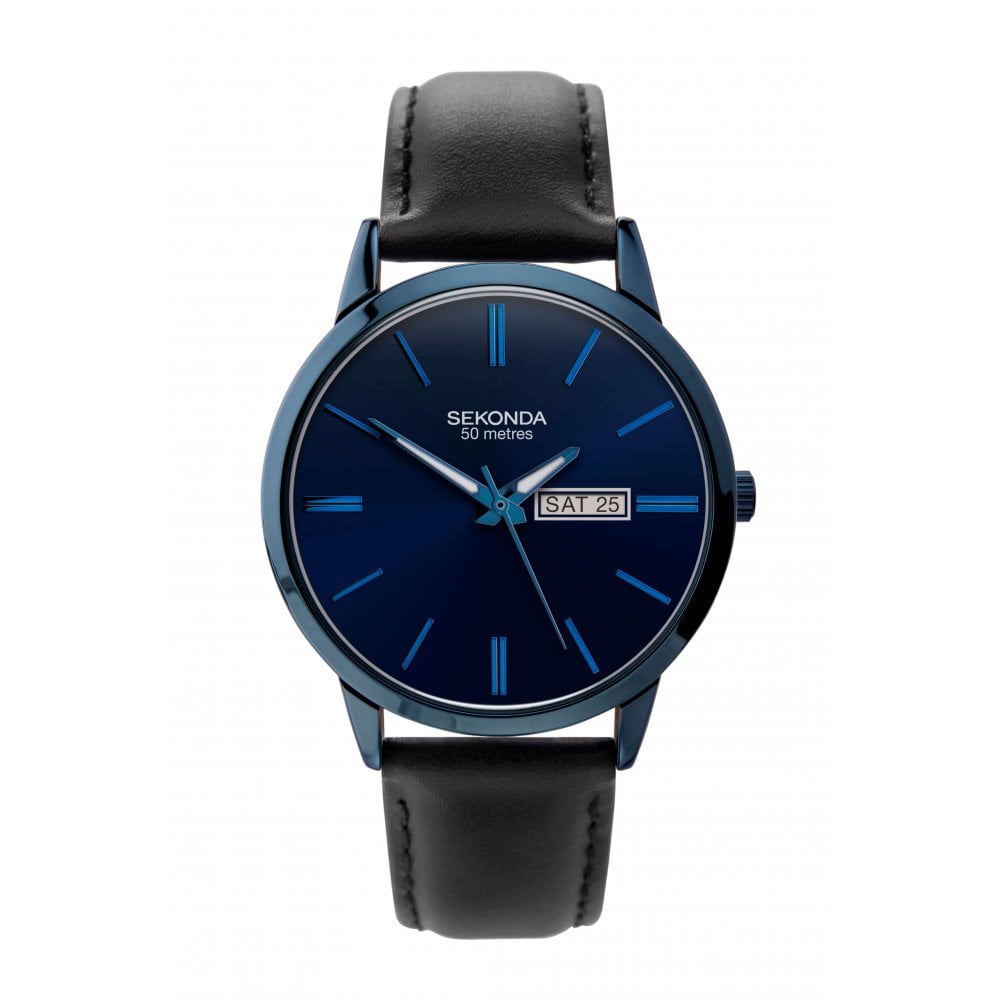 Blue Dial With Black Leather Strap Gents Watch