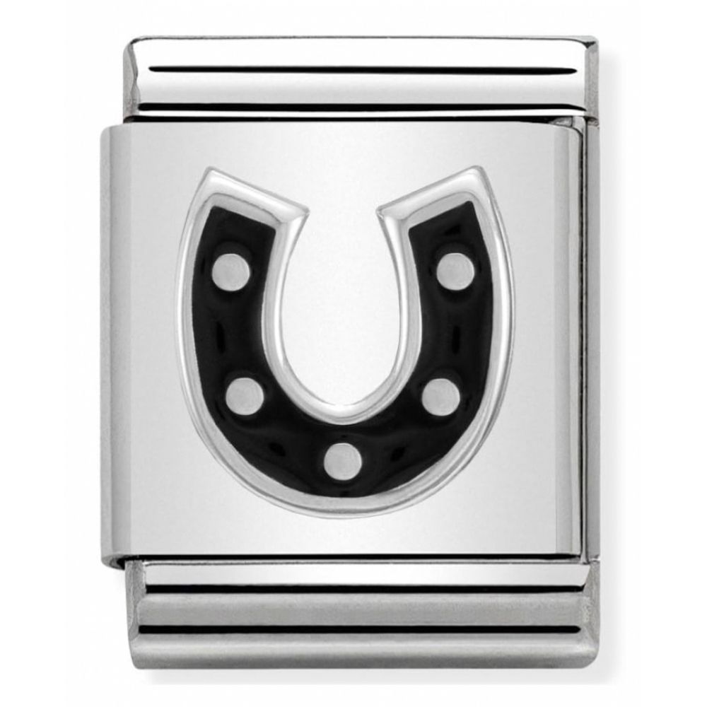 Horseshoe Black Symbol Composable Stainless Steel, Enamel And Sterling Silver Big Charm