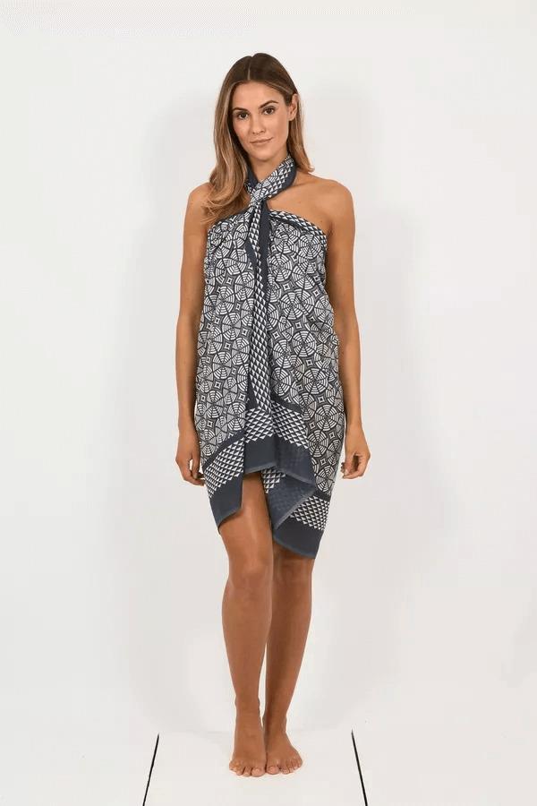 Hand Printed Cotton Sarong Tree Ring Charcoal