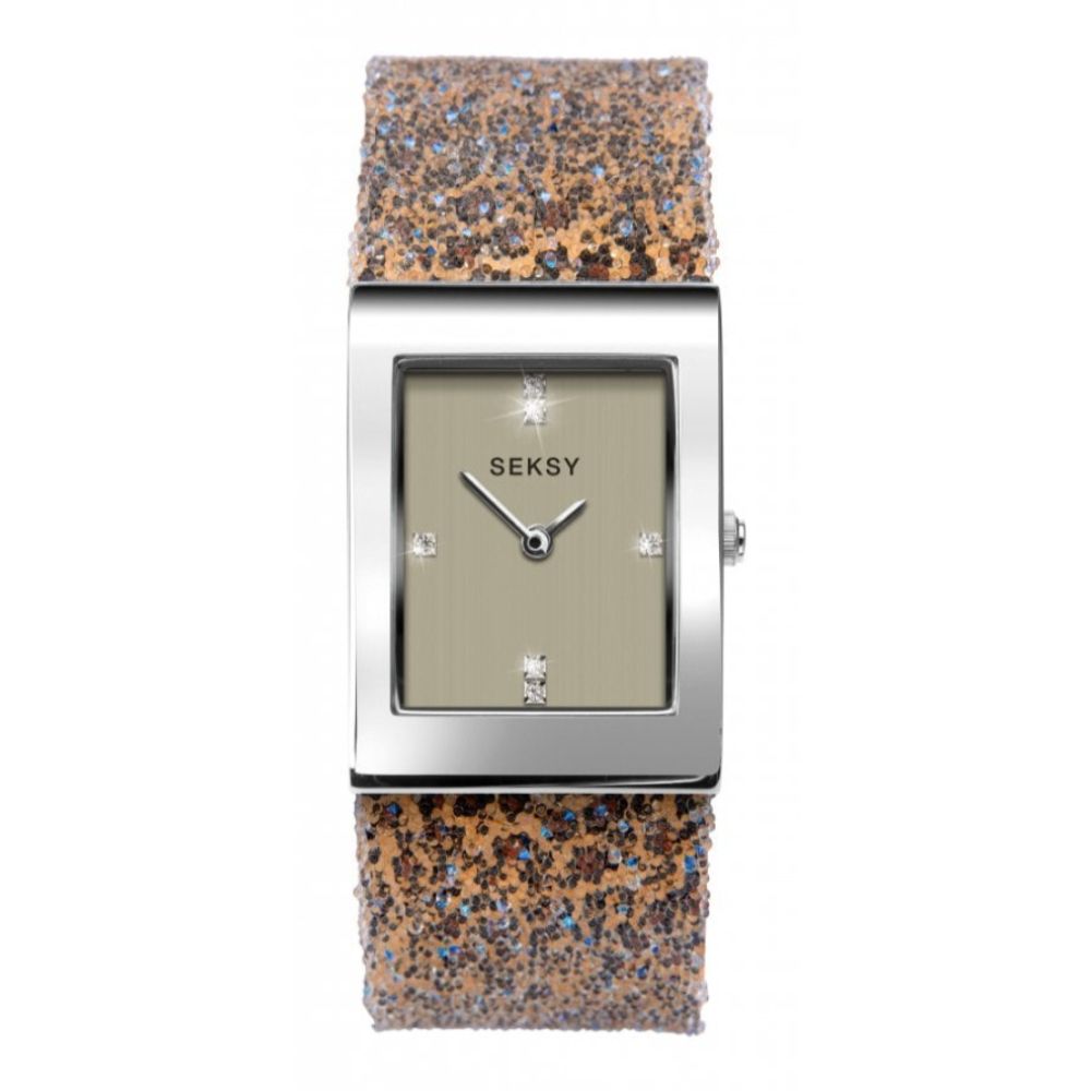 Chrome Coloured Case With Champagne Stone Set Dial & Leopard Print Strap Ladies Watch