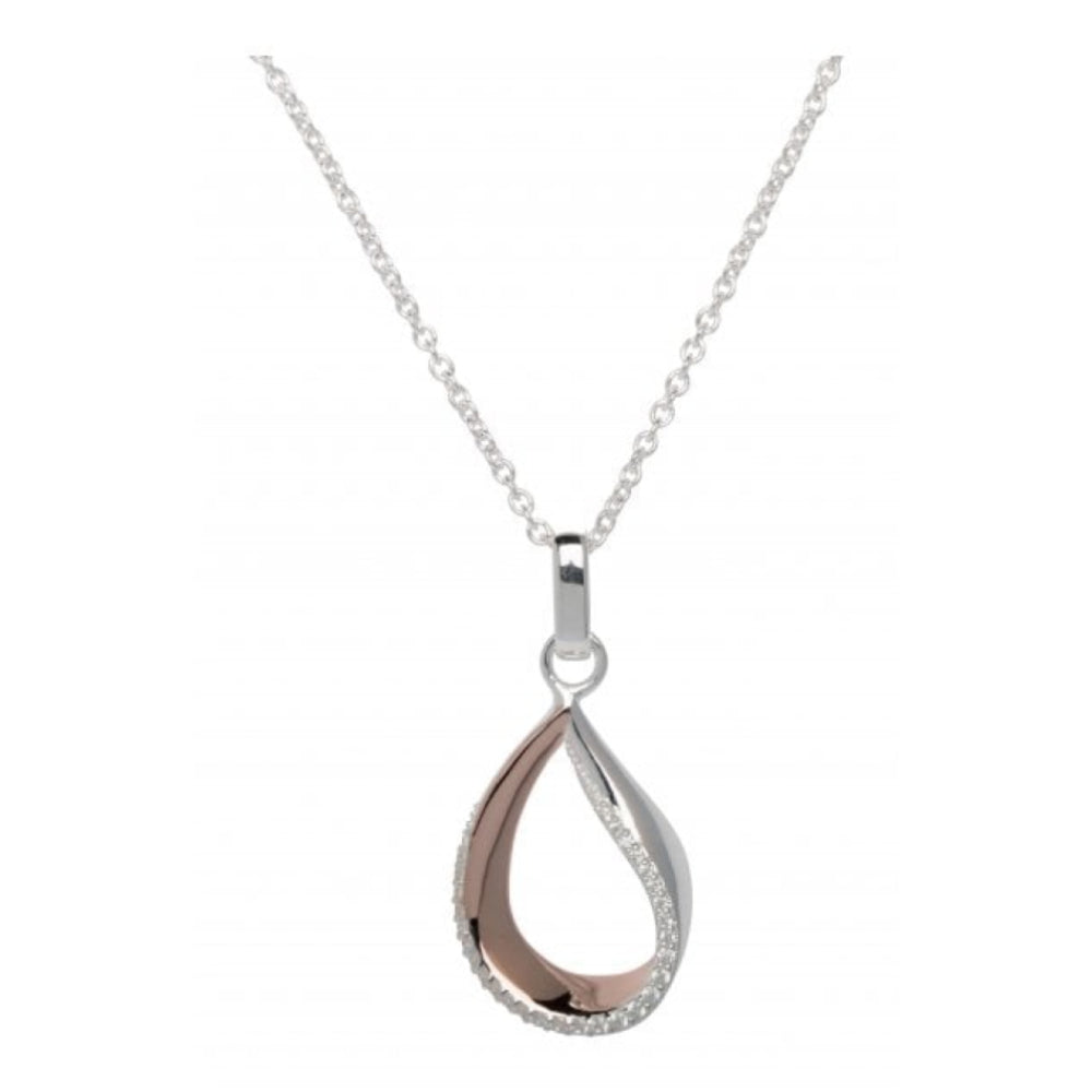 Silver 925 Oval Drop Pendant With Rose Gold Plating And Cz Incl. Chain
