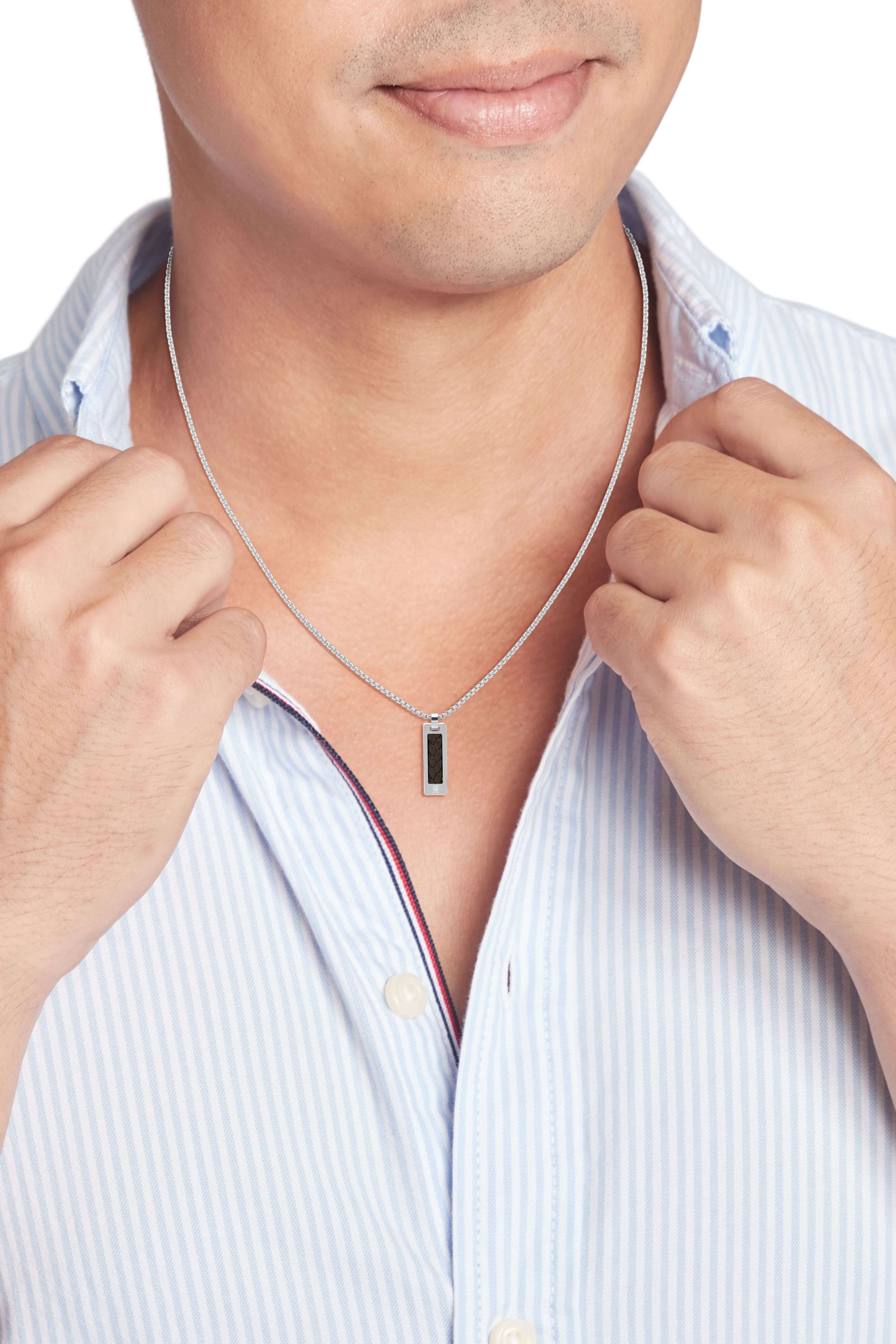 Braided Brown Leather SS Dog Tag Gents Necklace