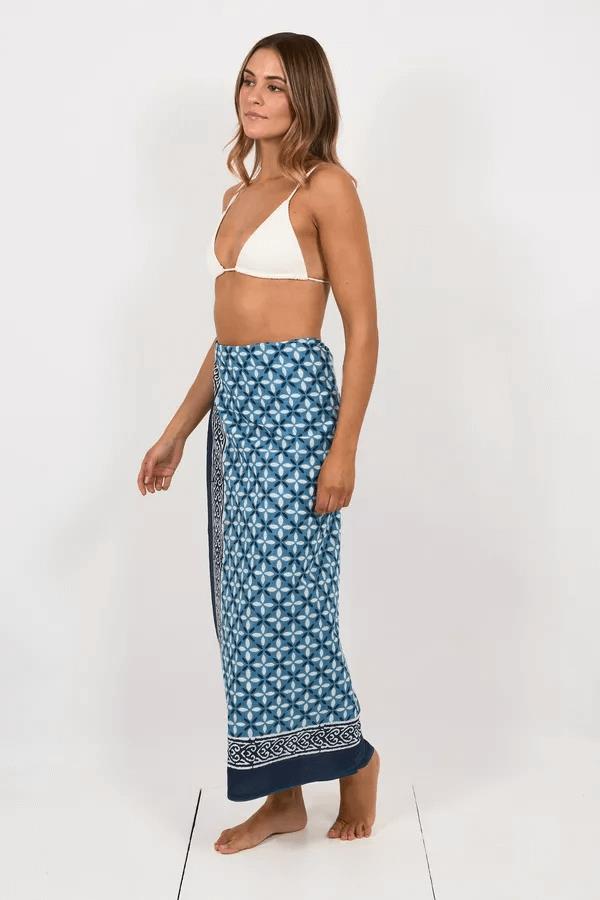 Hand Printed Cotton Sarong Tiles Blue