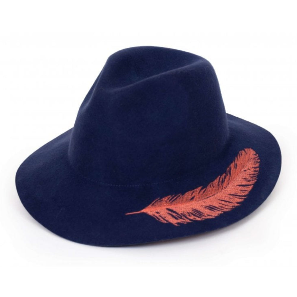Wool Hat Embroid Feather - Royal Blue