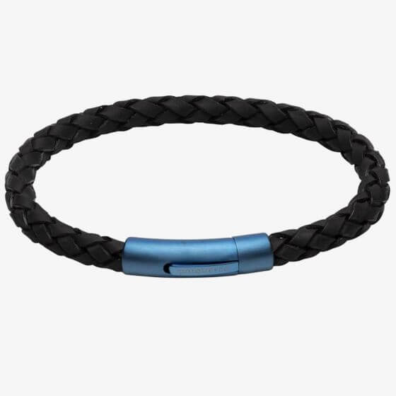 Black Leather Bracelet with Matte Blue IP Plated Steel Clasp