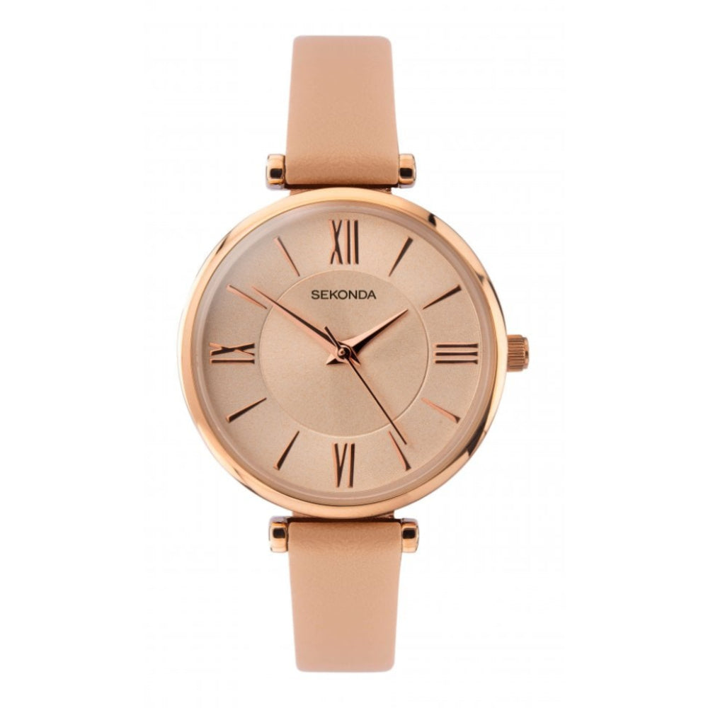 Rose Gold Tone Case With Rose Dial & Nude Leather Strap Ladies Watch