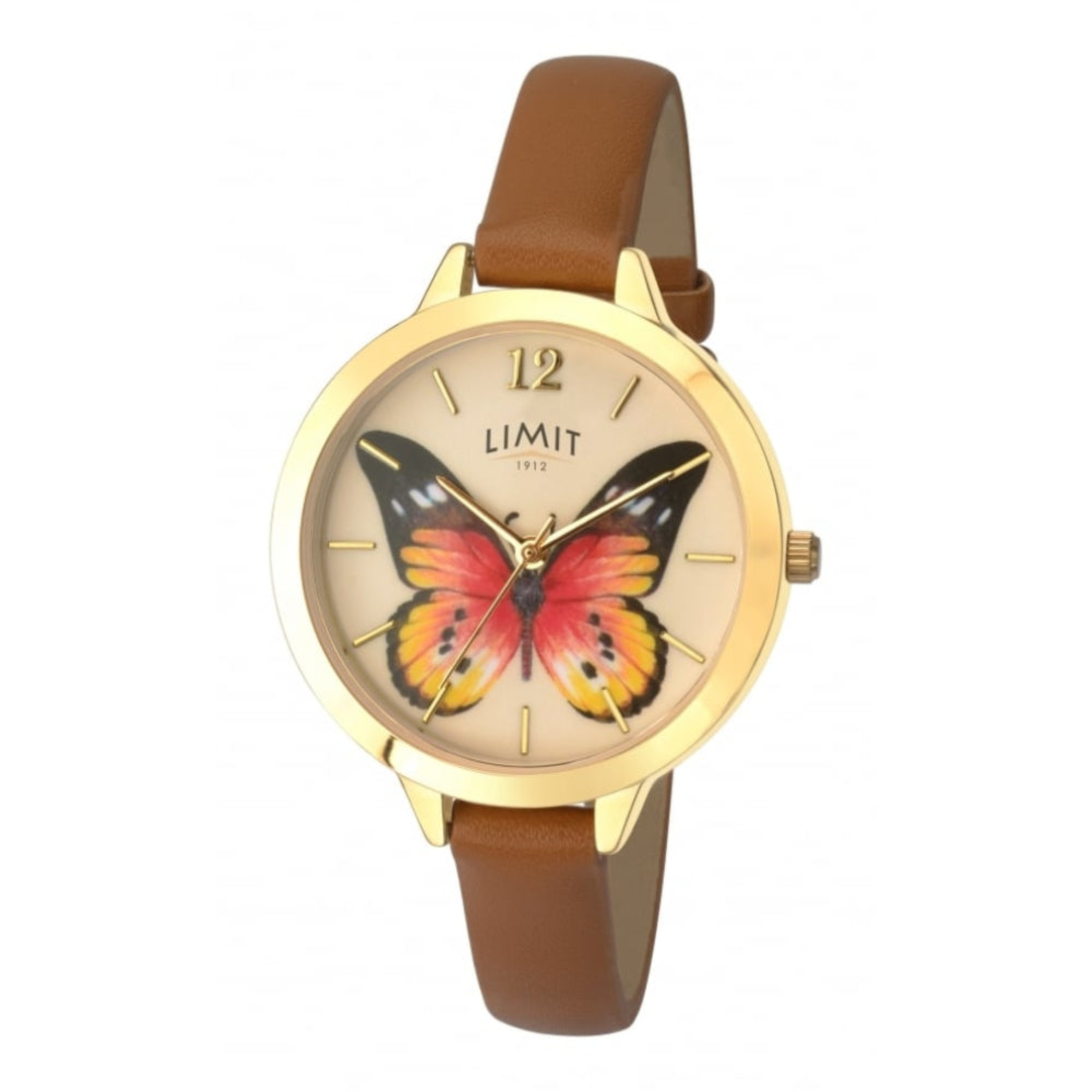 Gold Tone Stainless Steel Butterfly Print Dial & PU Strap Ladies Watch