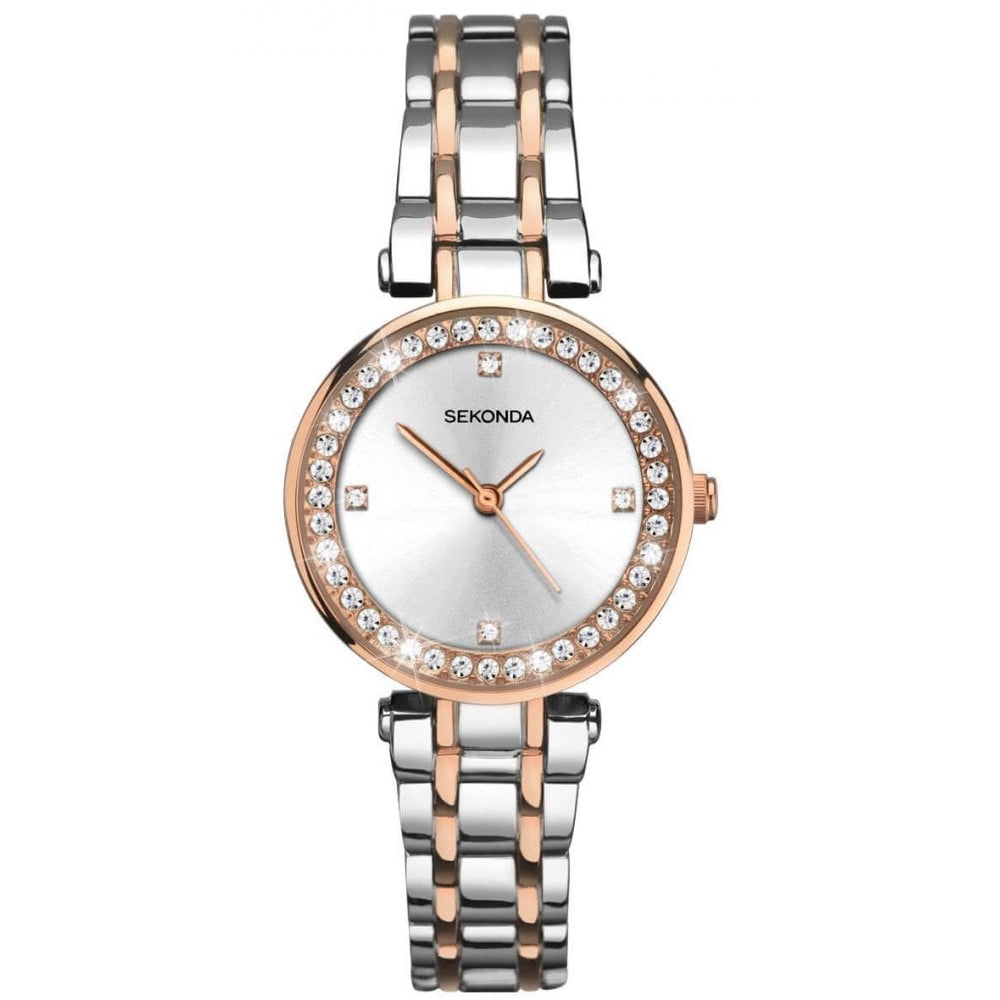 Two Tone Stone Set Case With Silver Sunray Dial & Two Tone Bracelet Strap Ladies Watch