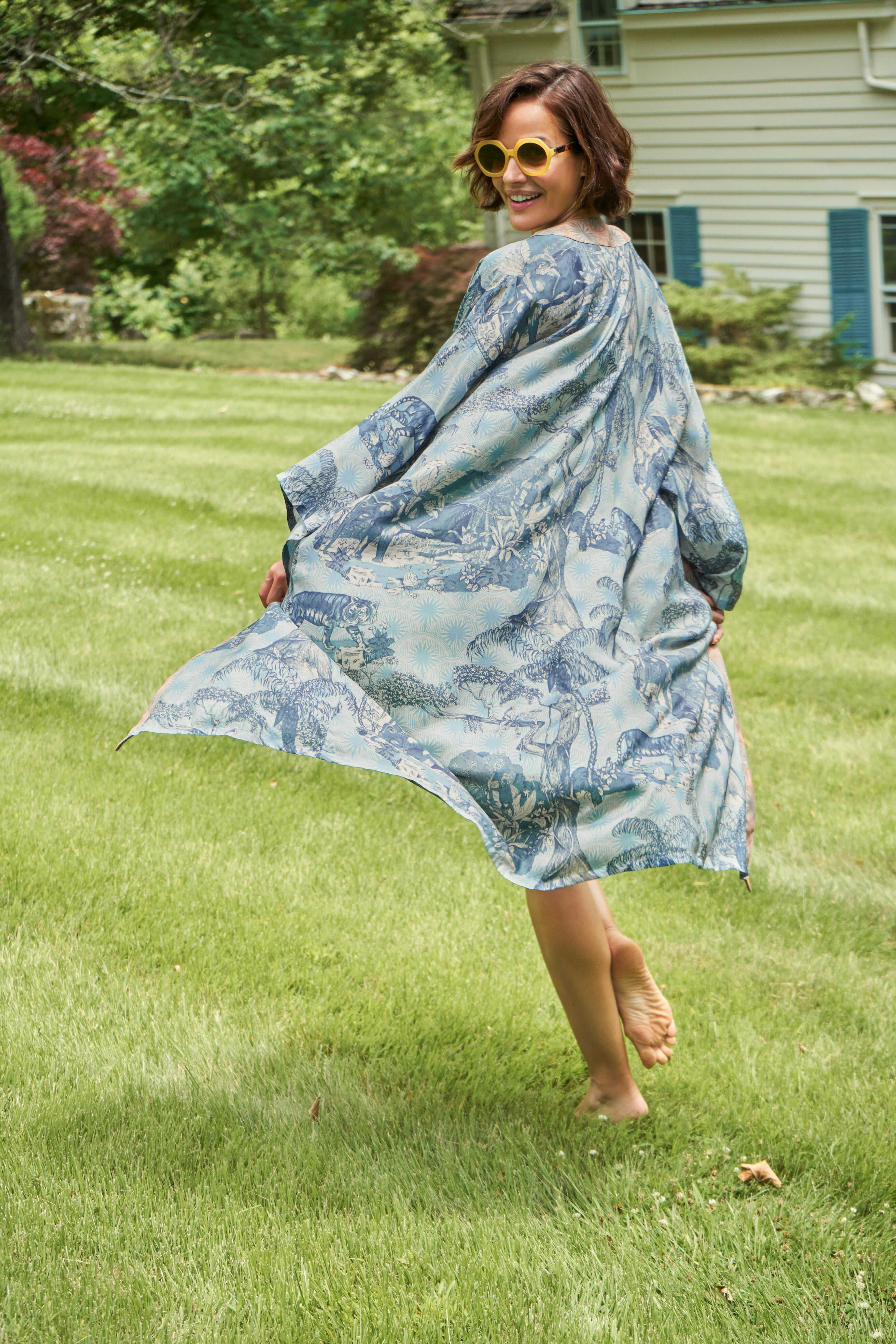 Tropical Toile Kimono Gown - Denim & Petal