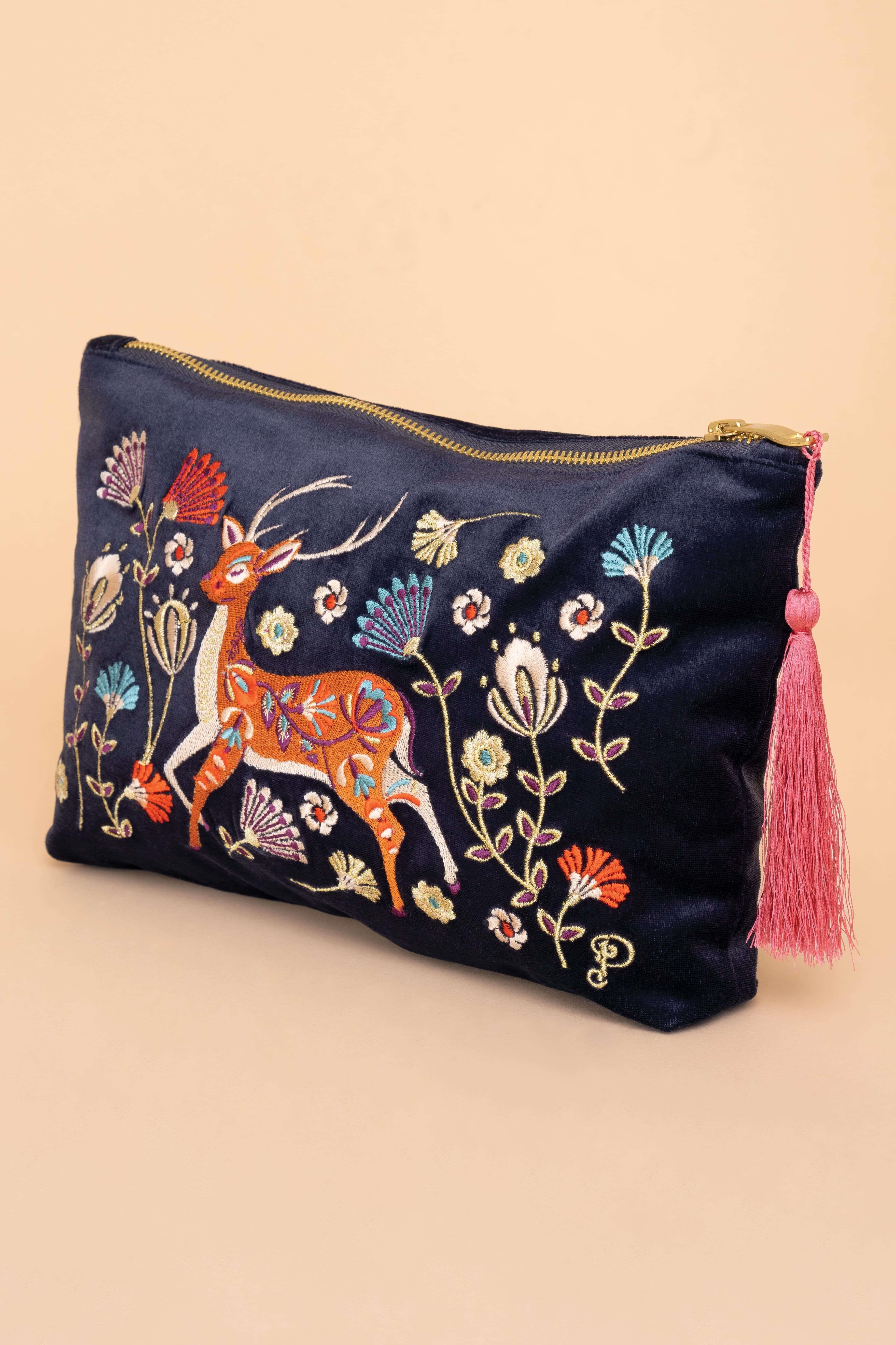 Folk Art Deer Velvet Zip Pouch - Slate
