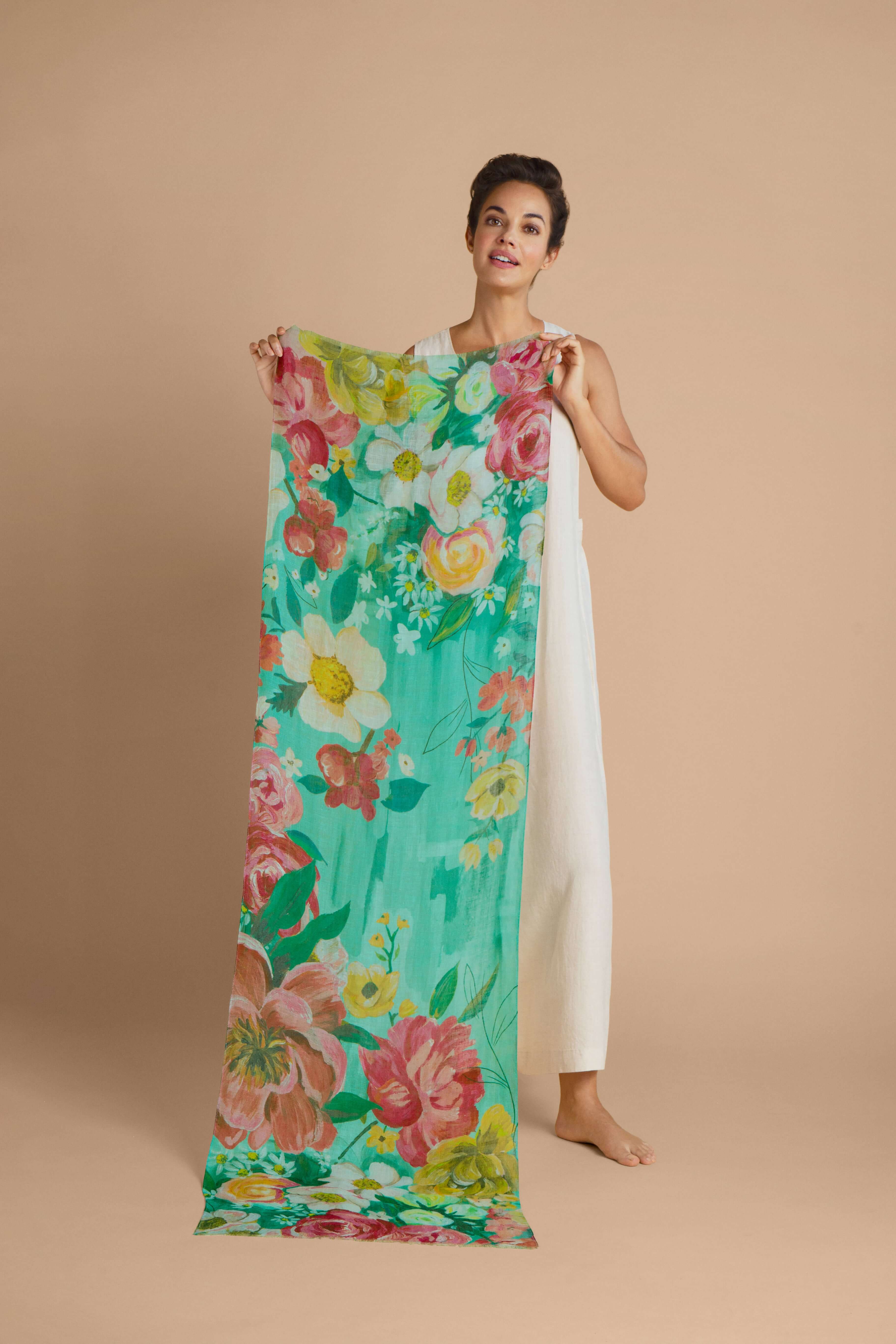 Impressionist Floral Linen Print Scarf - Teal