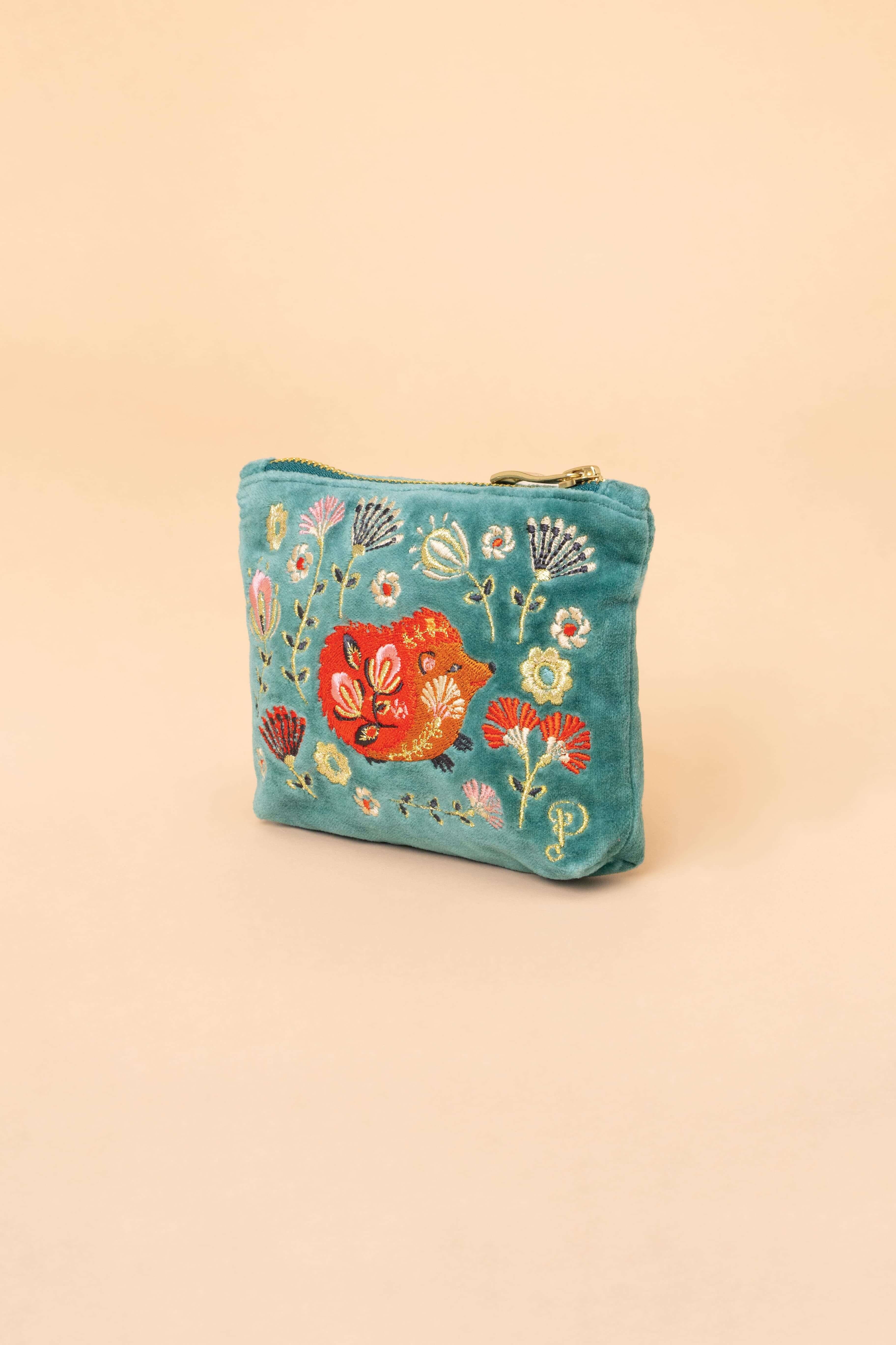 Folk Art Hedgehog Velvet Mini Pouch - Aqua