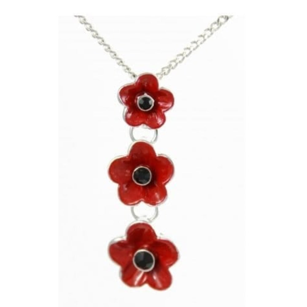 Ladies Red 3 Poppy Pendant Necklace 33mm