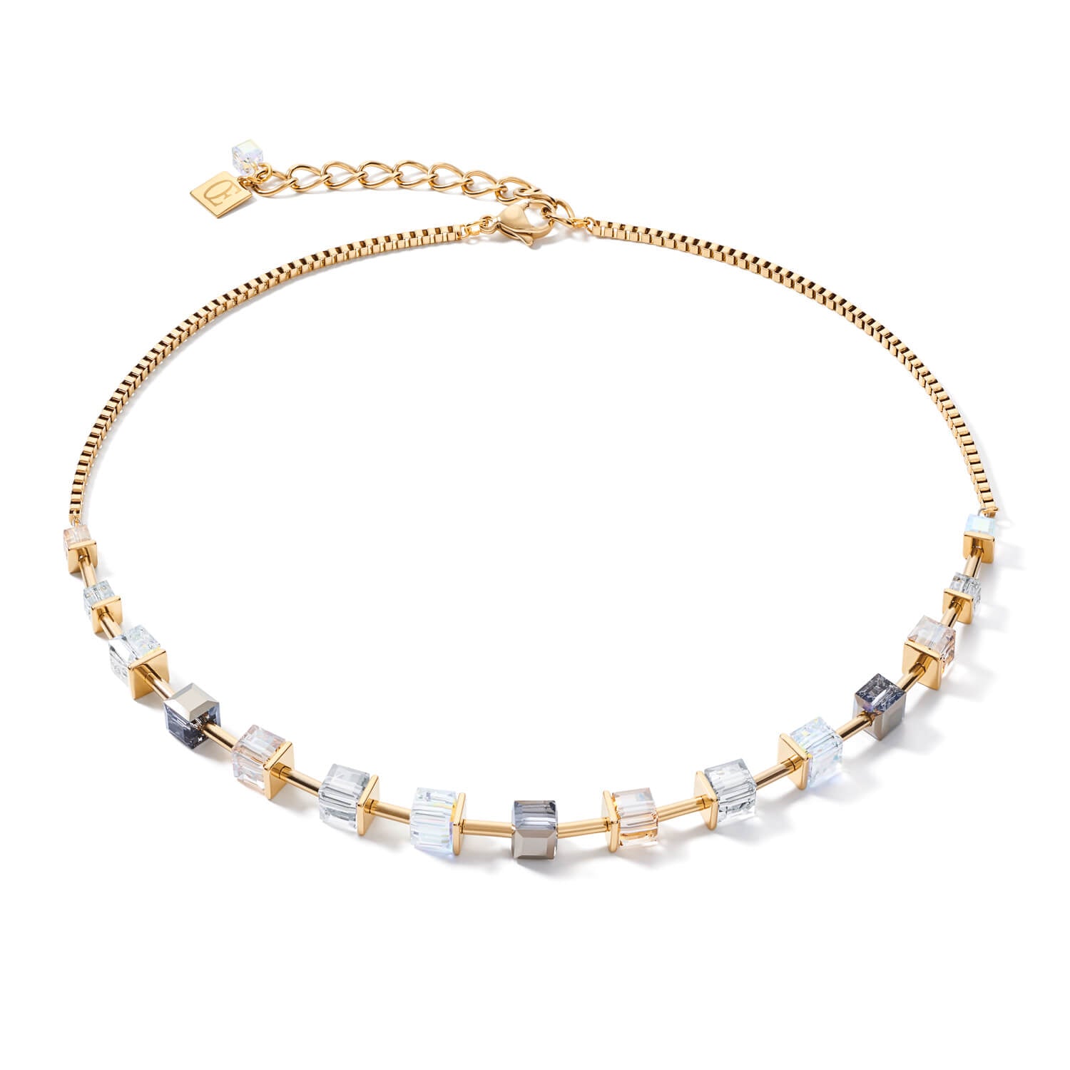 Monochrome Blue Swarovski Crystals & Gold- Grey Geo Cube Necklace