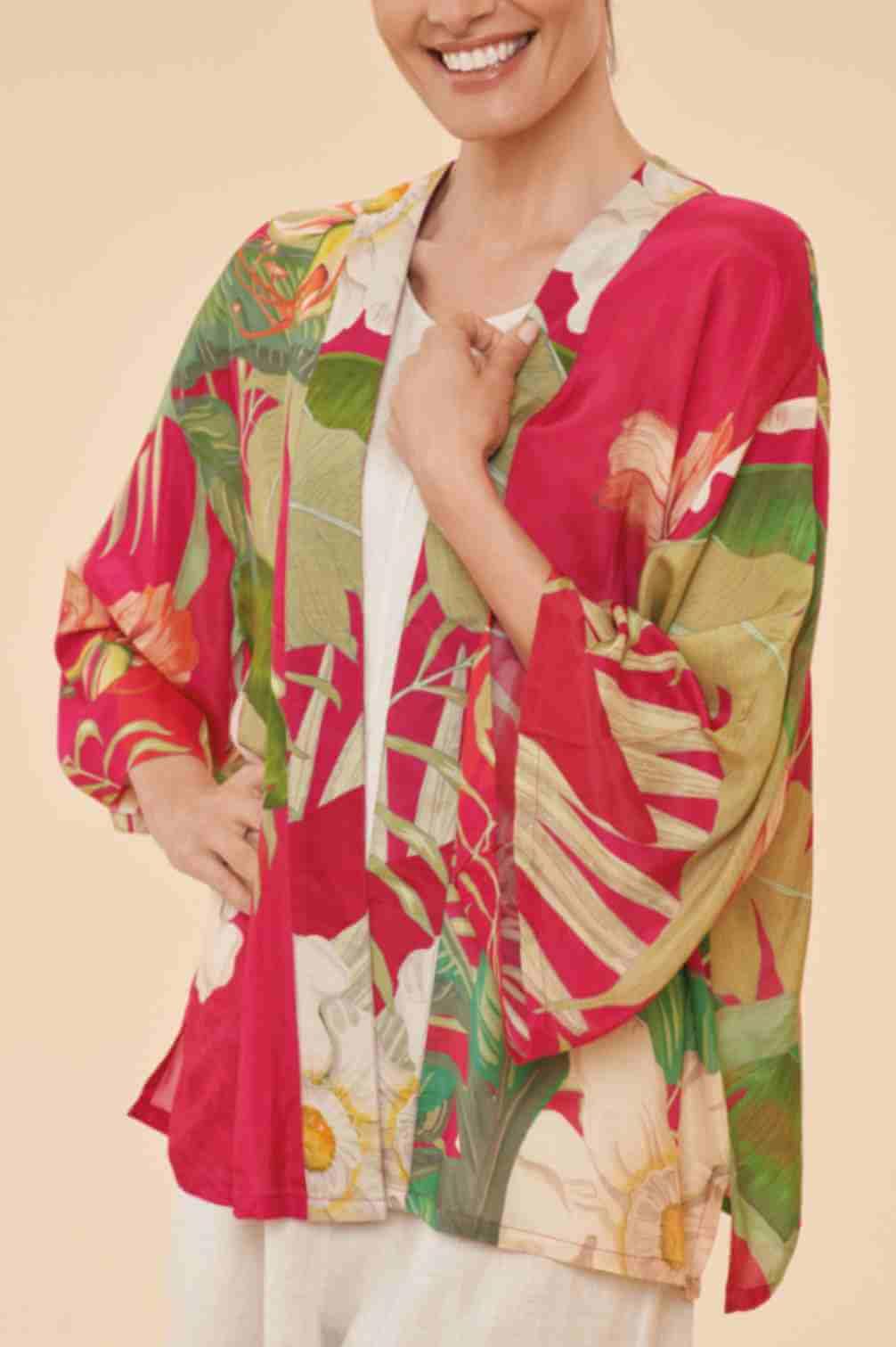 Delicate Tropical Kimono Jacket - Dark Rose