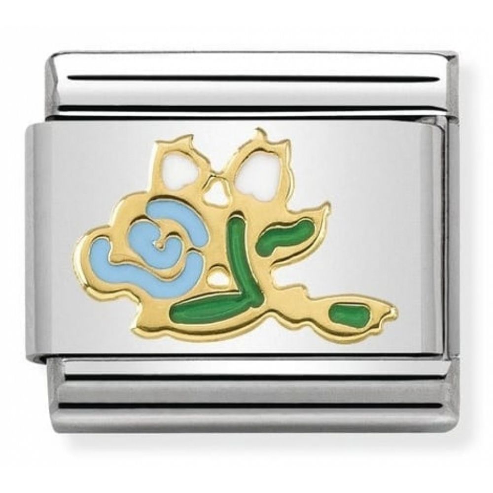 Classic White Blue Bunch of Roses In Stainless Steel & 18k Gold Charm