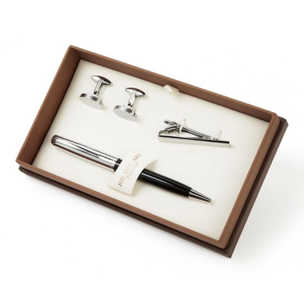 Men's Gift Set With Ball Point Pen, Silver Tone Oval Square Cufflink & Tie Bar
