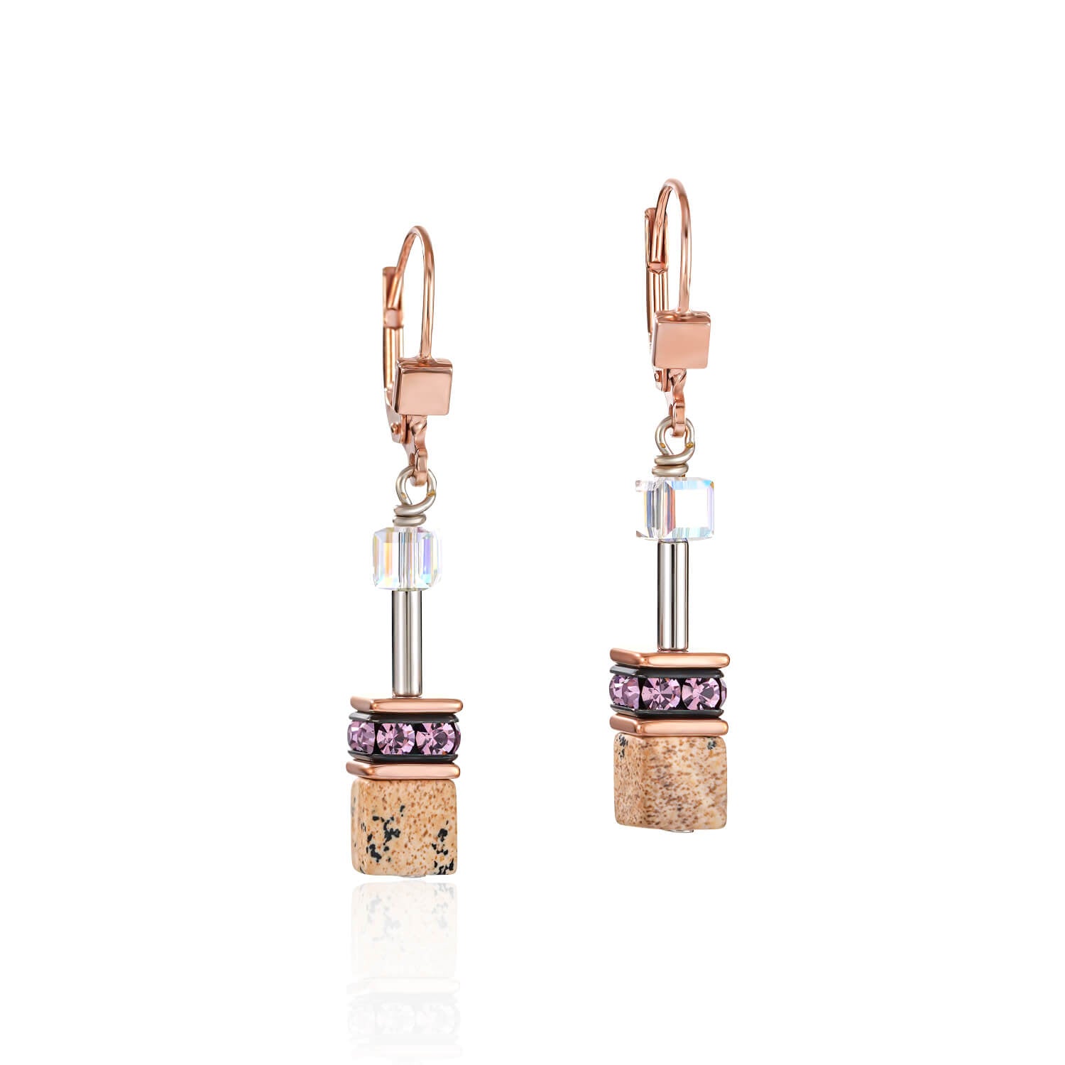Geo Cube Swarovski Crystals & Gemstones Lilac-Beige Rose Gold Pierced Earrings