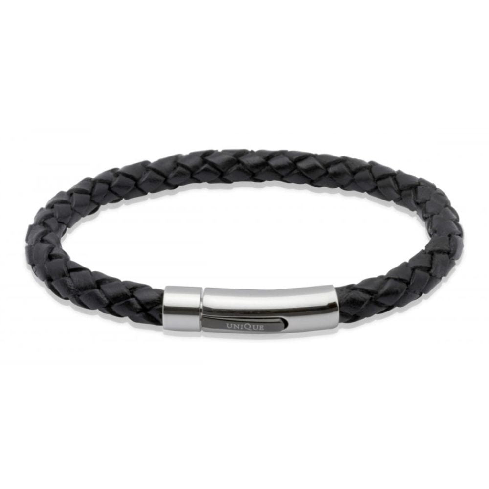 Black Leather Bracelet-Steel Clasp-Black I.P. Plating