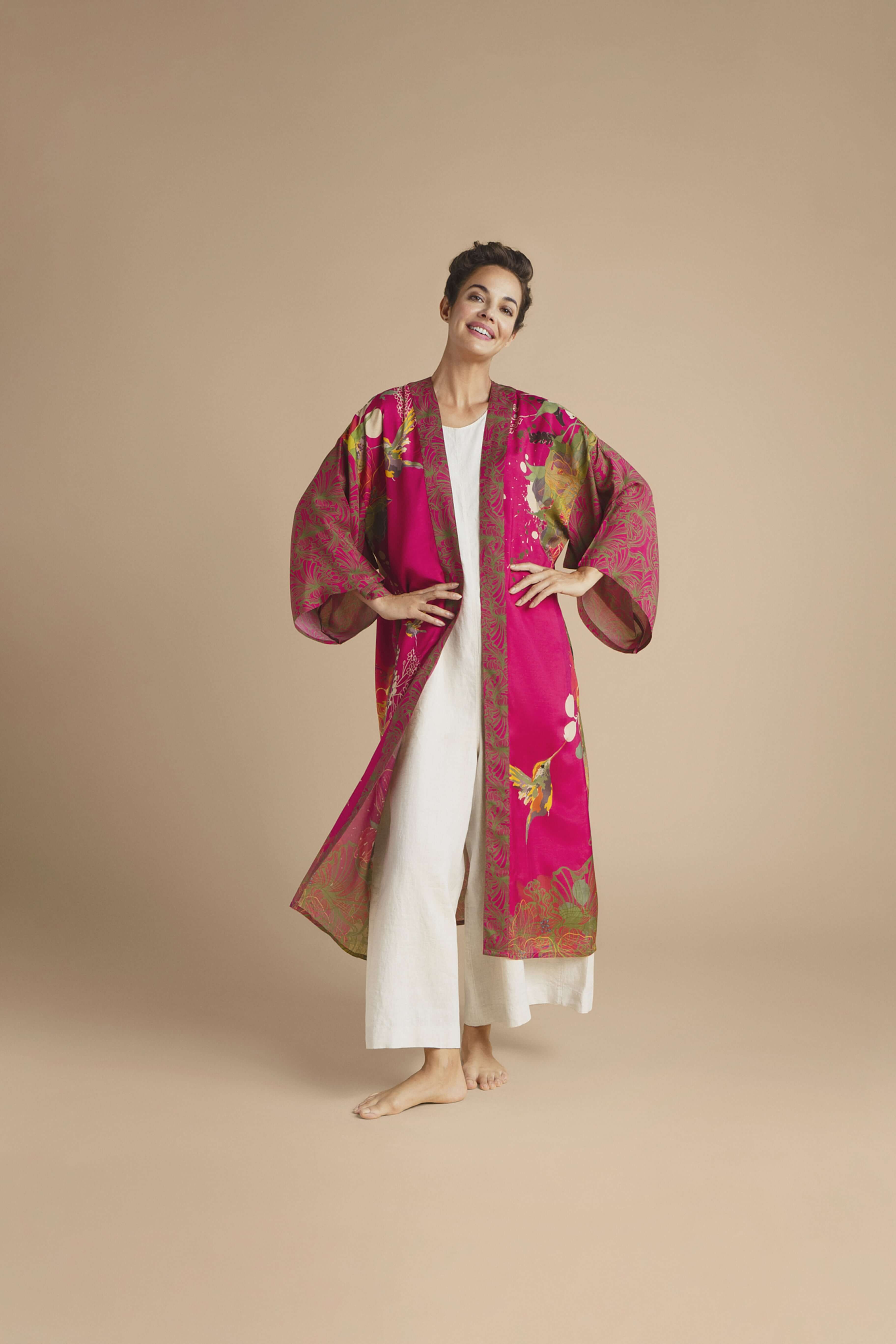 Hummingbird Kimono Gown - Raspberry