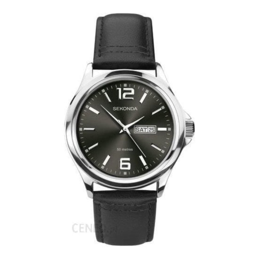 Stainless Steel Case, Grey Date Display Dial & Black Leather Strap Gents Watch