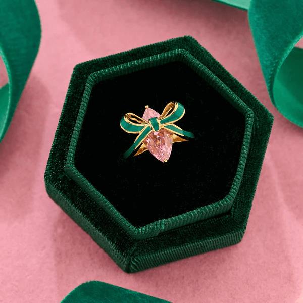 Amelia Bow Gold Ring In Emerald Green Enamel & Pink CZ