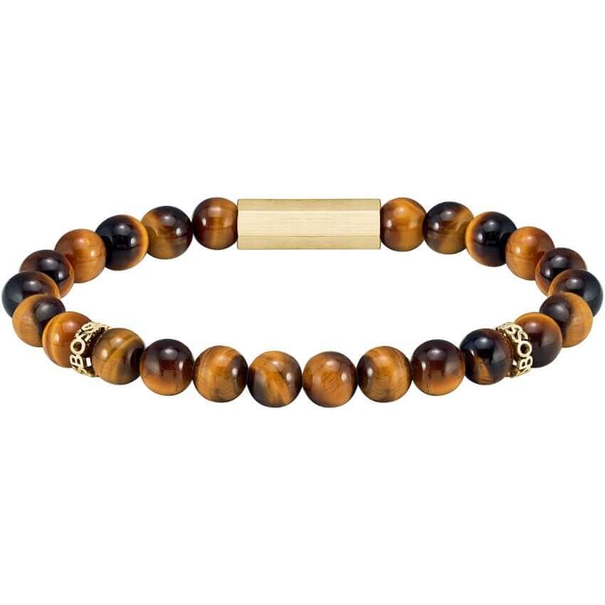 Sphere Stones Tiger's Eye Beads Gold Plated Gents Bracelet