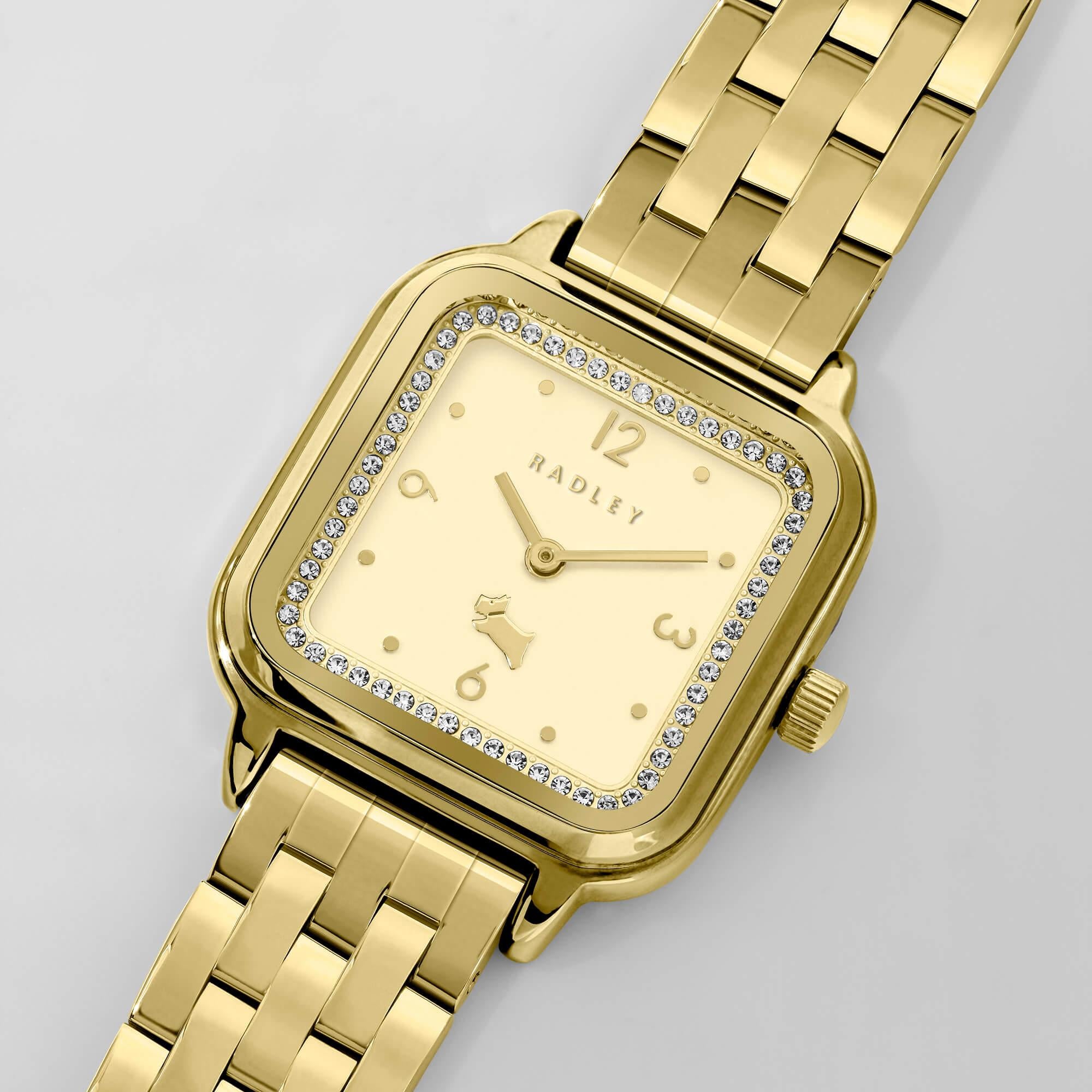 Square Gold Plated  Bracelet Stone Set Watch