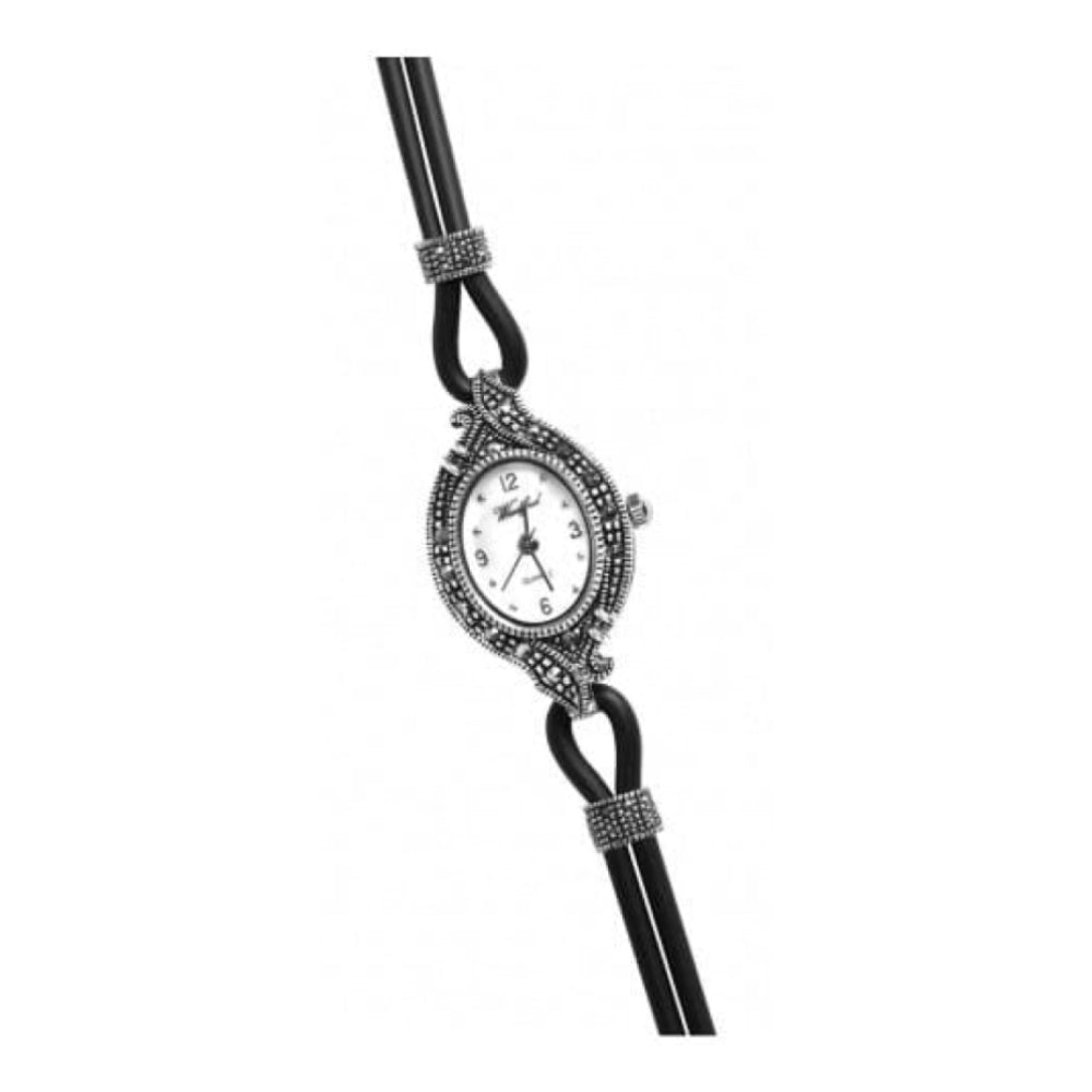 Ladies Black Rubber & Silver Marcasite Cord Watch