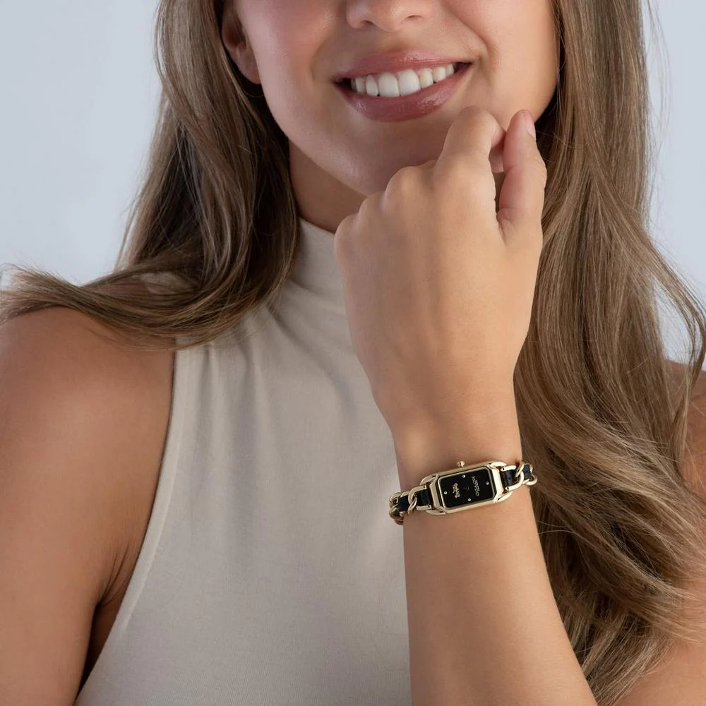 Cadie Black Rectangle Dial With Black Leather & Gold Plated Bracelet Strap Ladies Watch