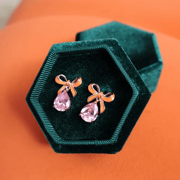 Amelia Bow Studs In Coral Enamel, Pink CZ Teardrop & Rose Gold