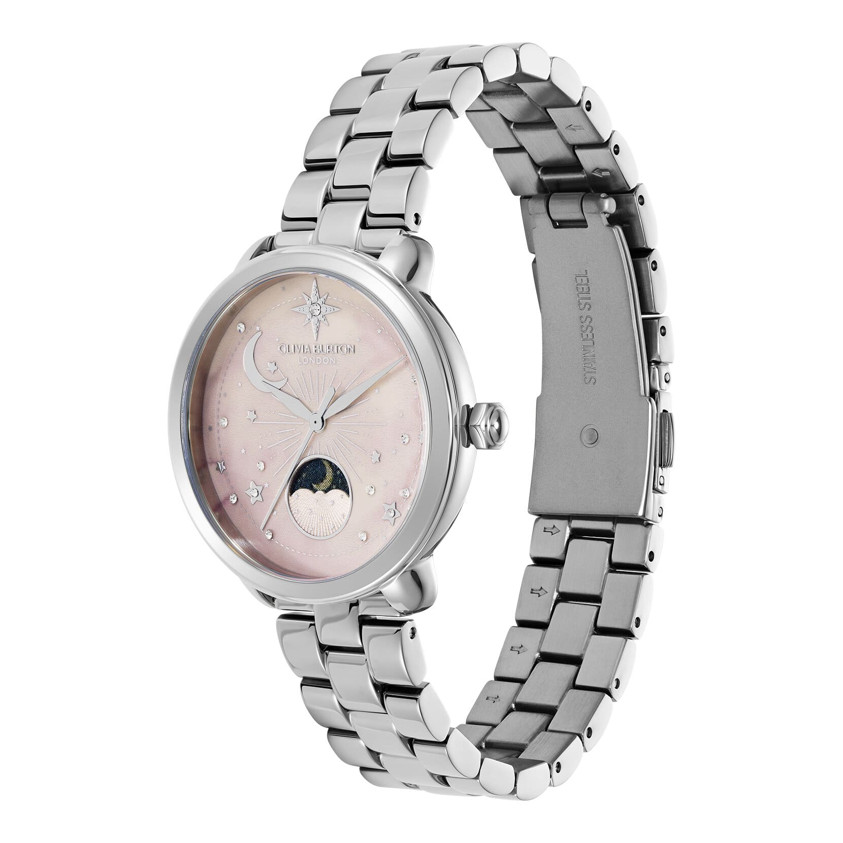 Celestial Moonphase Light Pink Dial With Stainless Steel Bracelet Ladies Watch