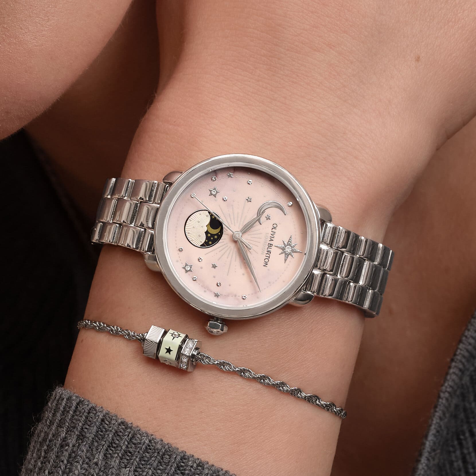 Celestial Moonphase Light Pink Dial With Stainless Steel Bracelet Ladies Watch