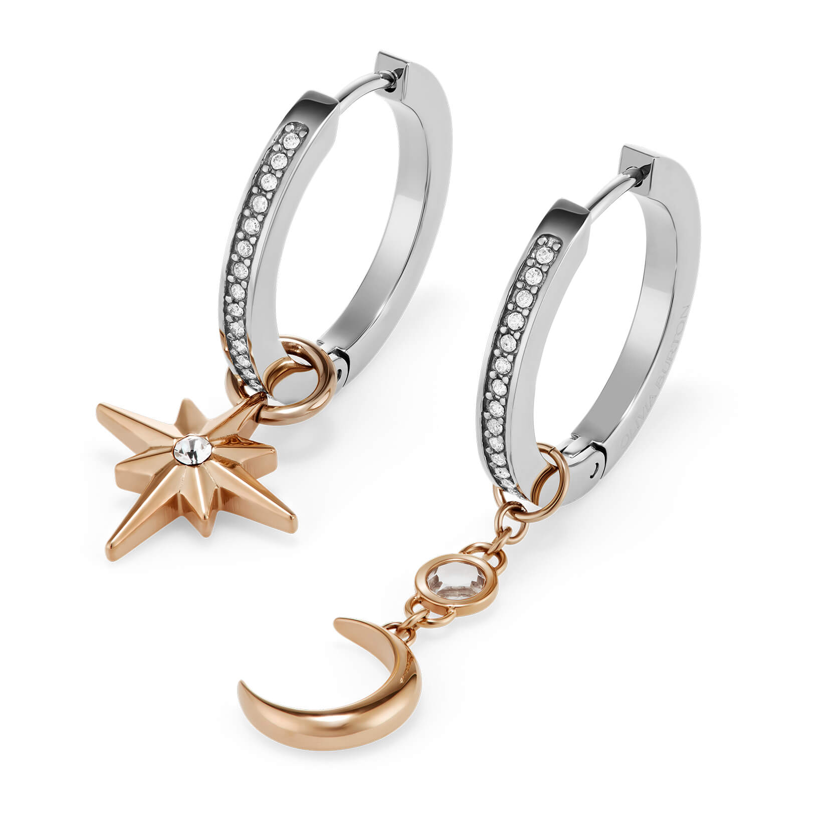 Signature Celestial Star and Moon Silver Tone Huggie Earrings
