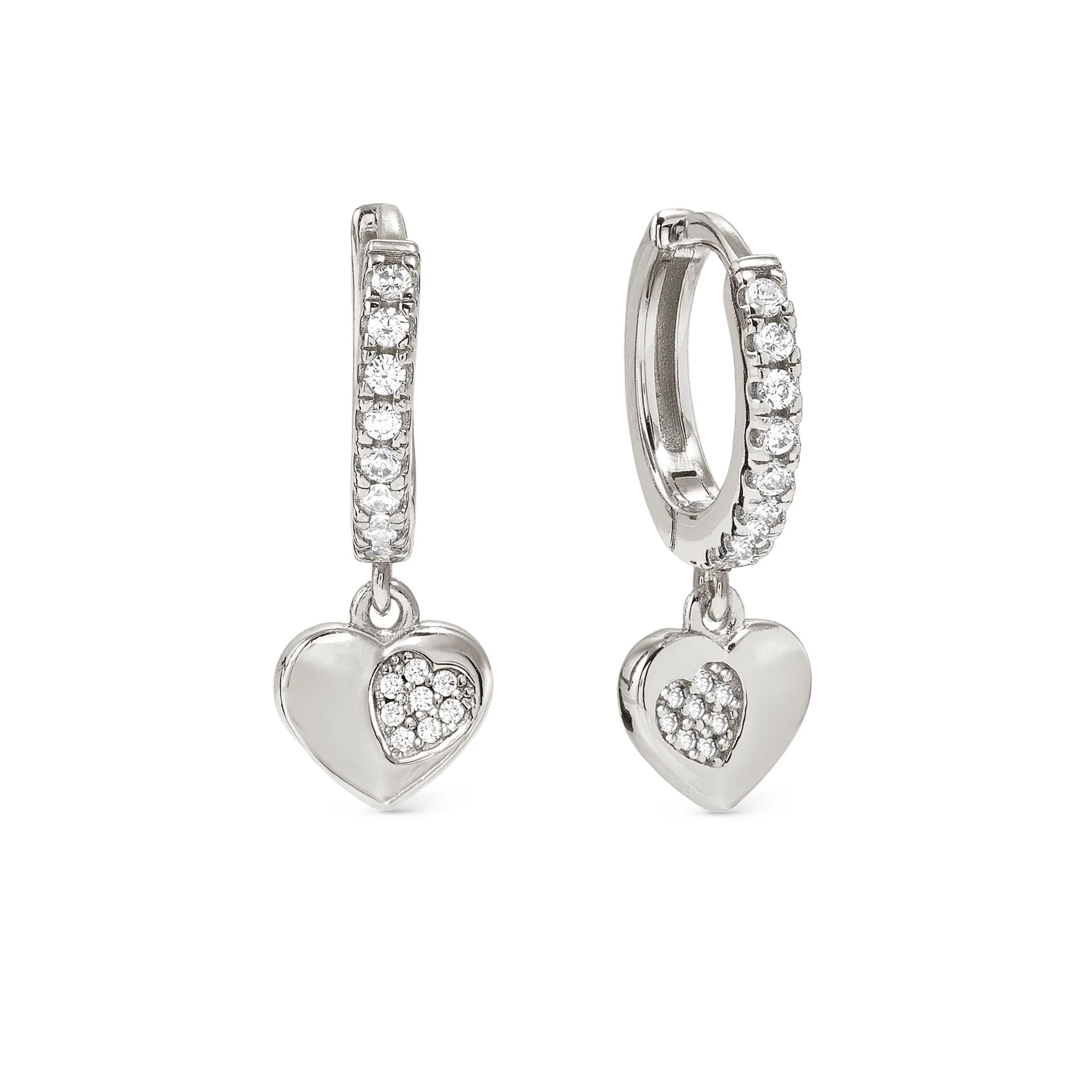 Petit Sparkle Silver Earrings With Heart CZ Hoops