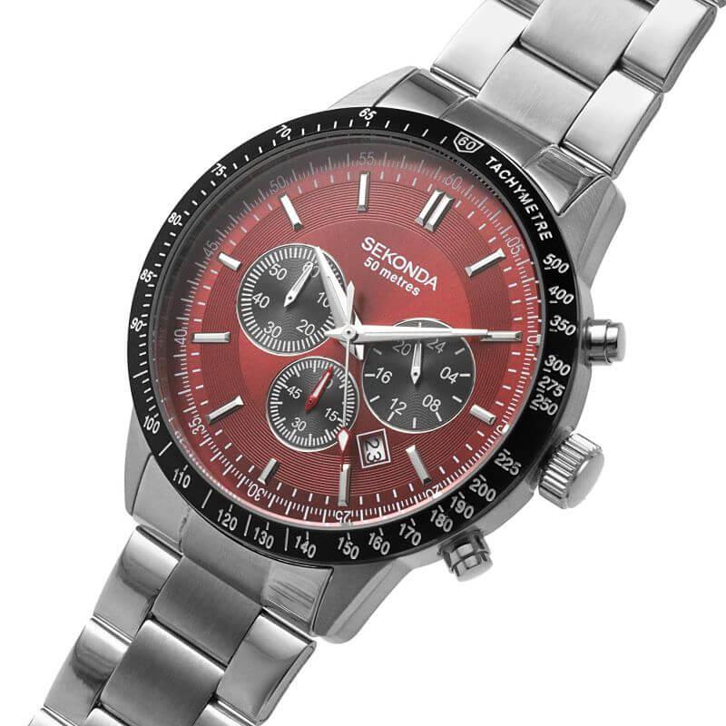 Silver Case With Red Dial & Stainless Steel Bracelet Men's Chronograph Watch