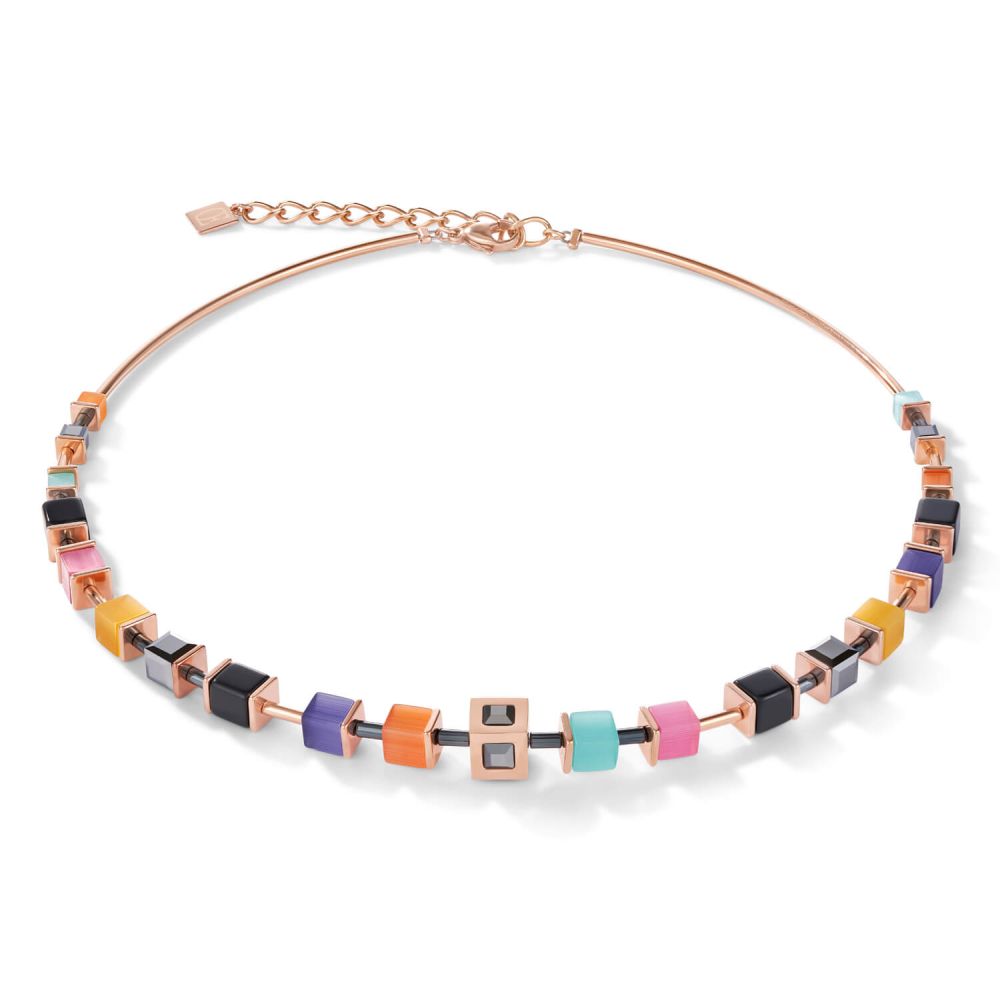 Rose Gold Plated & Crystal Multicolour Geo Cube Necklace