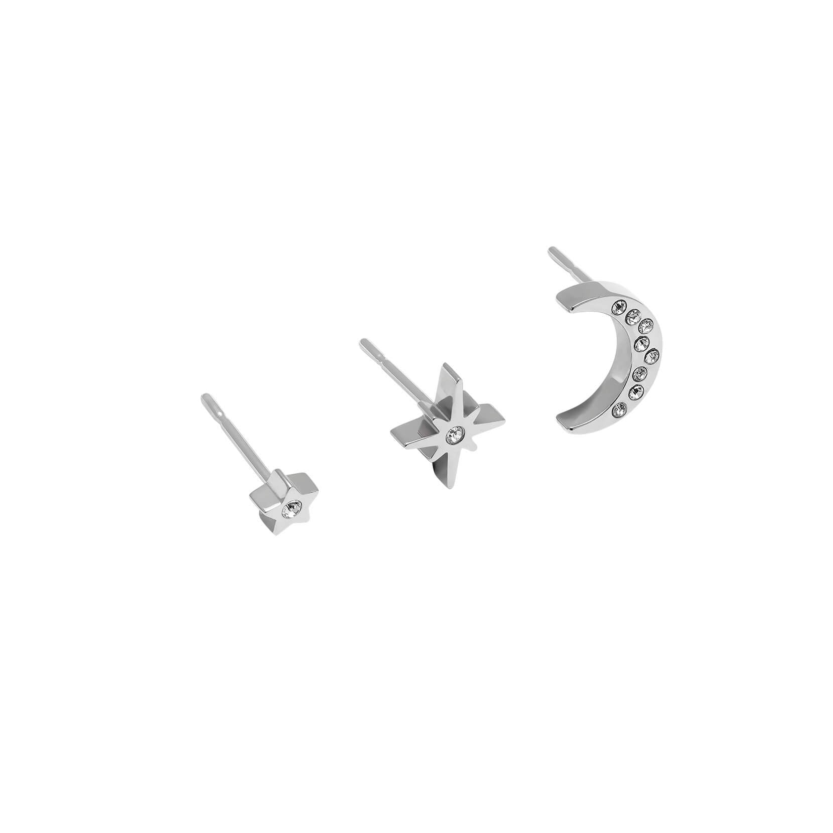 Celestial North Star & Moon Silver Stud Earrings Set