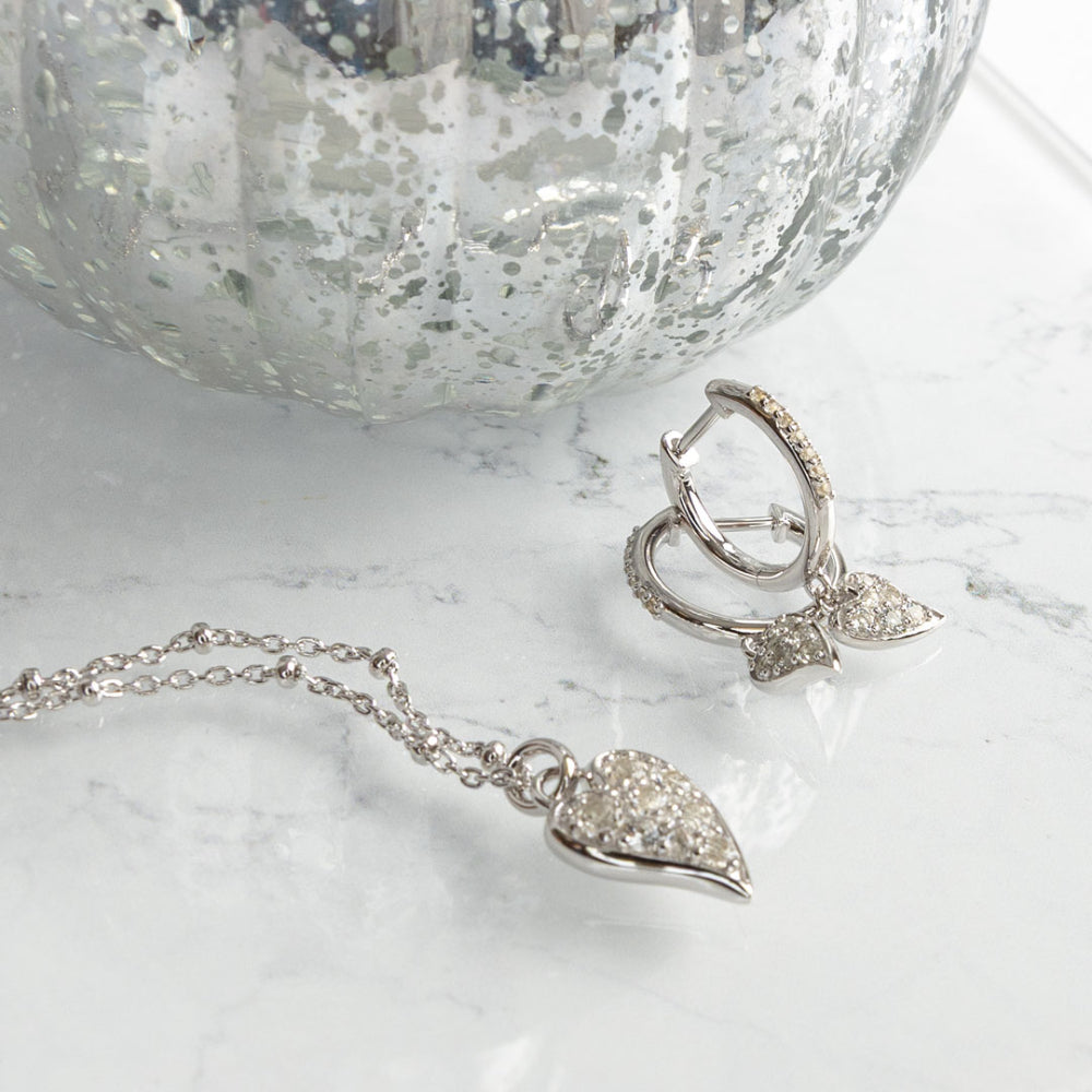 Desire Kiss Precious Pave WT Heart Hinged Hoop Drop Earrings