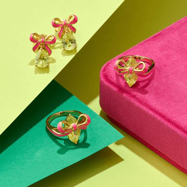 Amelia Bow Studs In Bright Pink Enamel, Lime CZ Teardrop & Gold