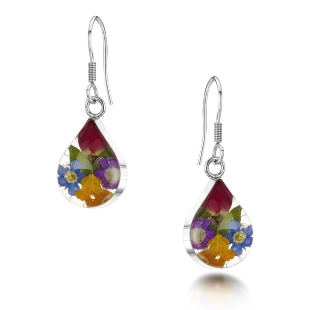 Silver Drop Earrings - Mixed Flowers - Teardrop